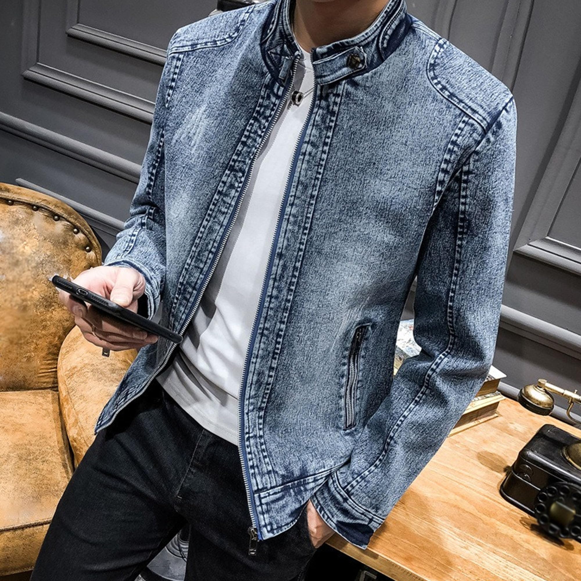 Veste de moto rétro en jean avec col montant et fermeture éclair intégrale