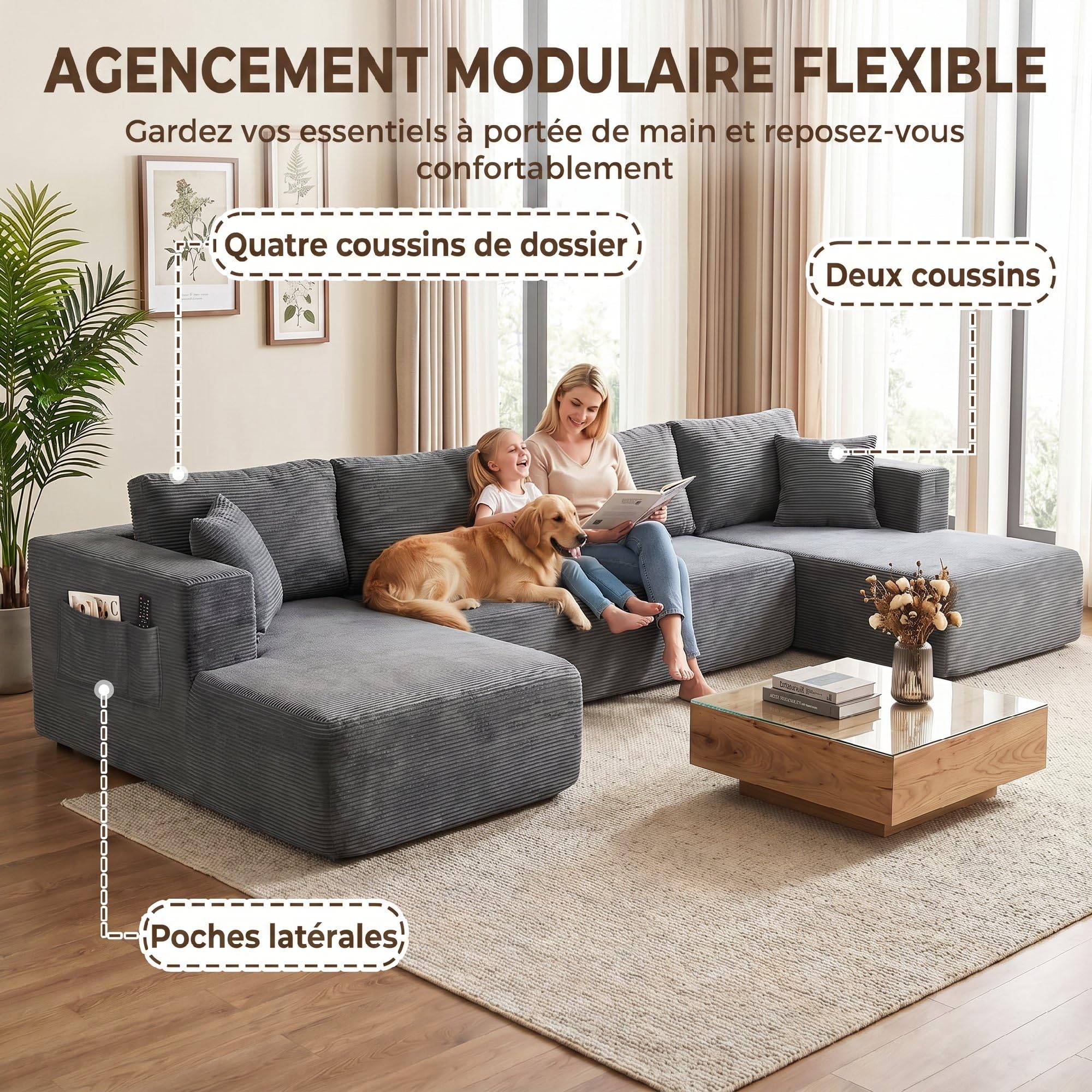 HOMCOM Canapé Modulaire en U Compressé 4 Places 2 Méridiennes Gris
