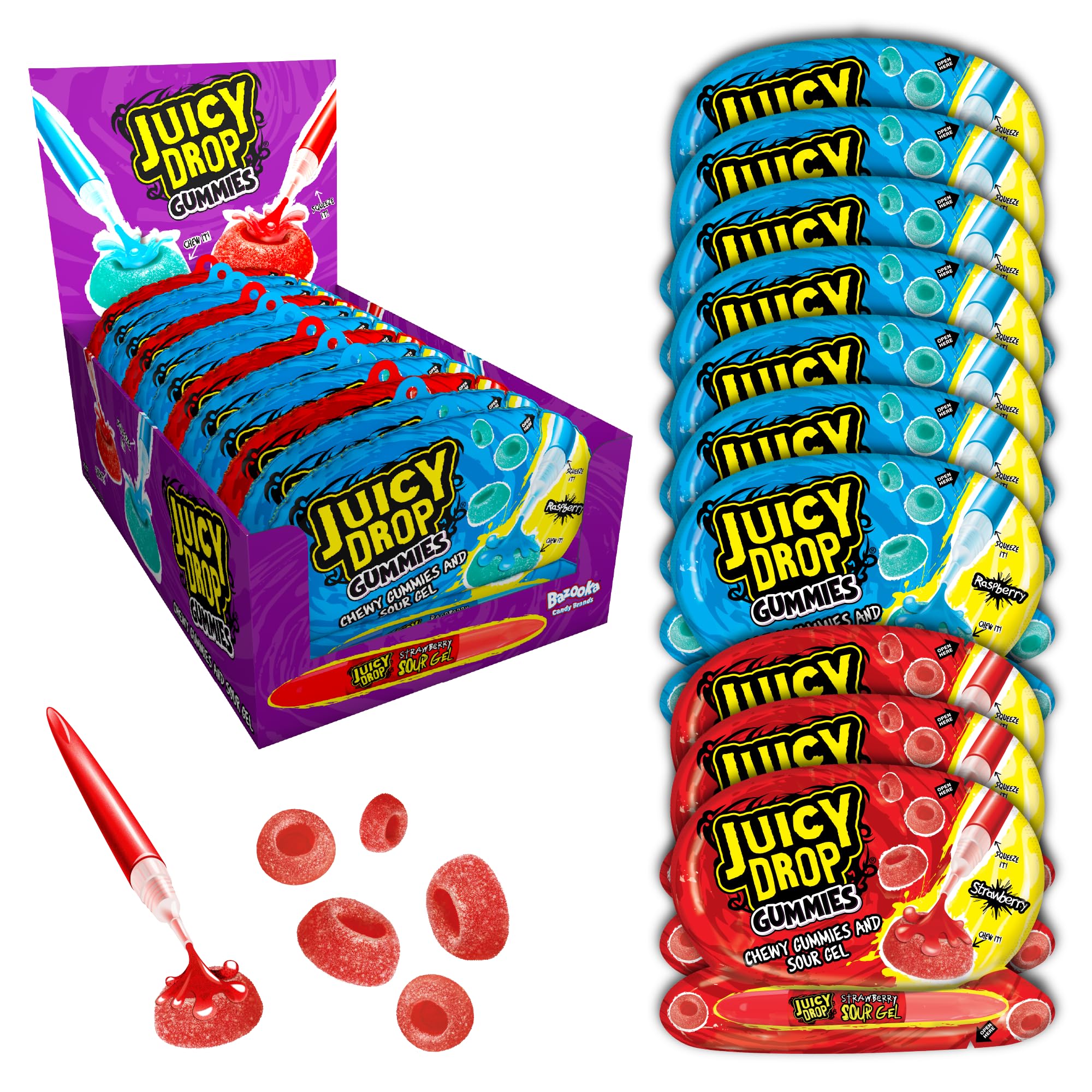 Bazooka Candy Brands Juicy Drop Gummies, Sour Sweets in Bulk, Strawberry & Raspberry, 57 g, Pack of 12