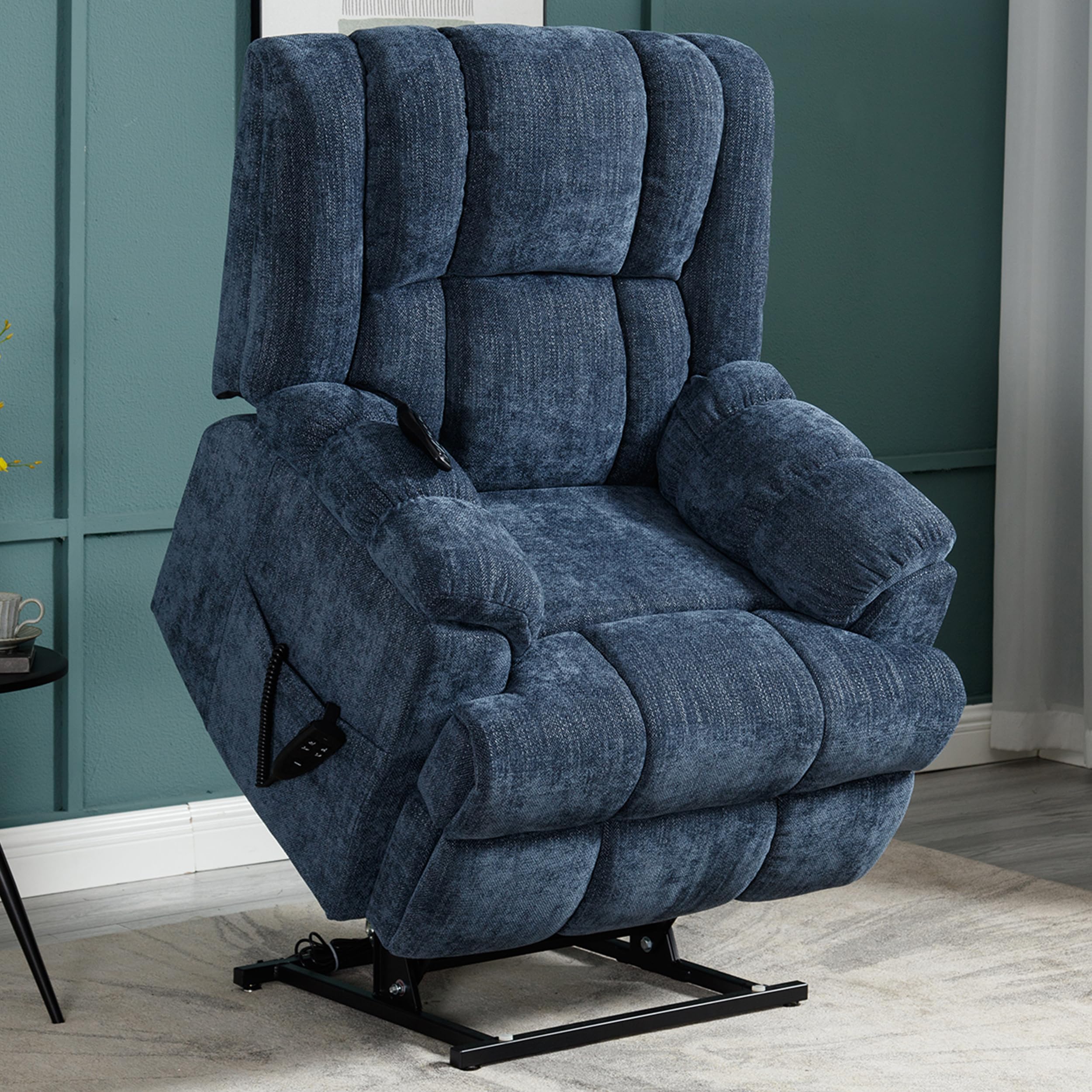 dual motor power lift recliner chair with massage and heat for elderly people, infinite position, dark blue recliner chair, chenille fabric lift chair