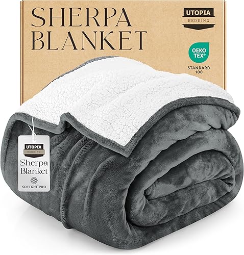 Utopia Bedding Manta Sherpa tamaño California King gris, 102 x 96 pulgadas  Manta reversible de forro polar de felpa gruesa y cálida de 480 GSM para