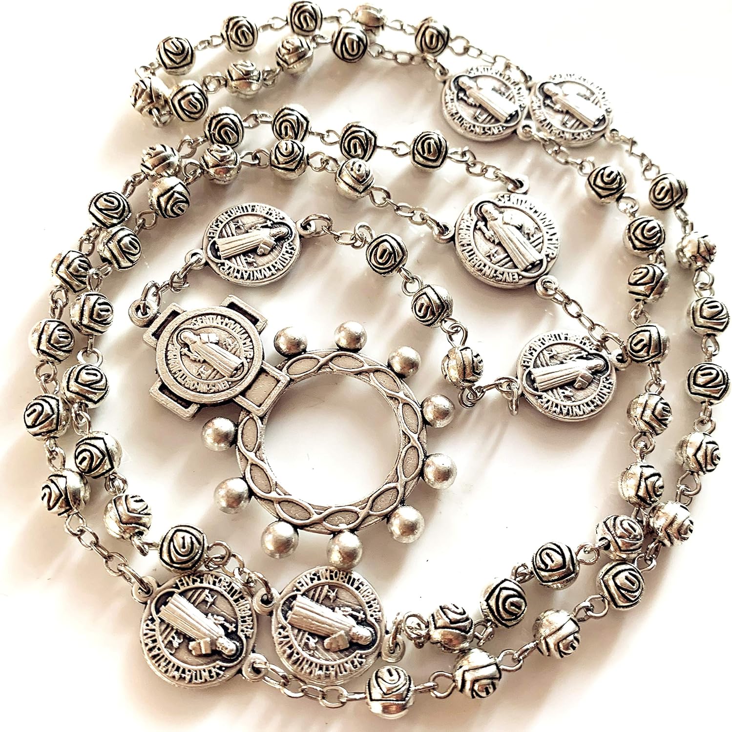 elegantmedical HANDMADE rose beads Catholic St. Benedict Rosary Necklace Cross Gift Box Italy crucifix - Image 2