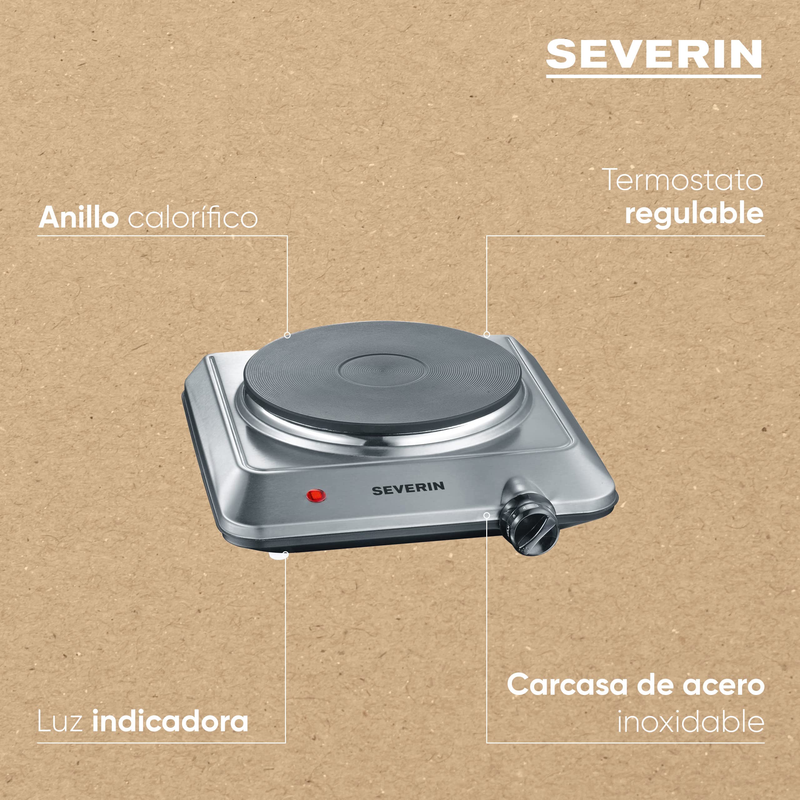 SEVERIN Placa de cocina portátil, placa eléctrica para cocinar fácil de limpiar, hornillo eléctrico con termostato regulable, acero inoxidable cepillado, 1500 W, KP 1092