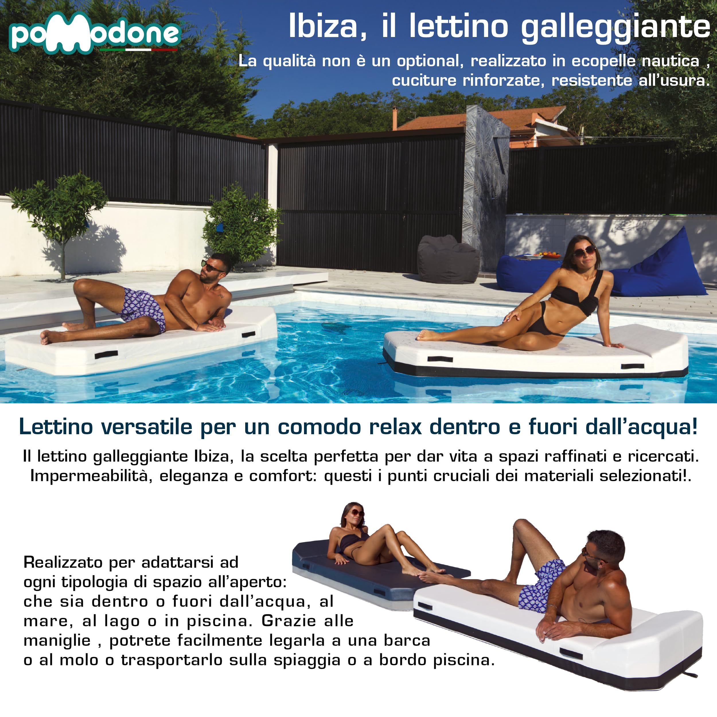 Lettino Galleggiante Piscina e Mare Singolo In Ecopelle Prendisole Per Adulti Bambini Imbottito Con Cuscino Morbido Pomodone 183x80x17 Ibiza