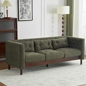 Christopher Knight Home Marloo 3 Seater Sofa Couch, Upholstered Couch, Linen-Like Tufted Back Sofa with Arm Rest, Rubberwood Legs, 78" Spacious Seating for Living Room Home Rest, Dark Green
