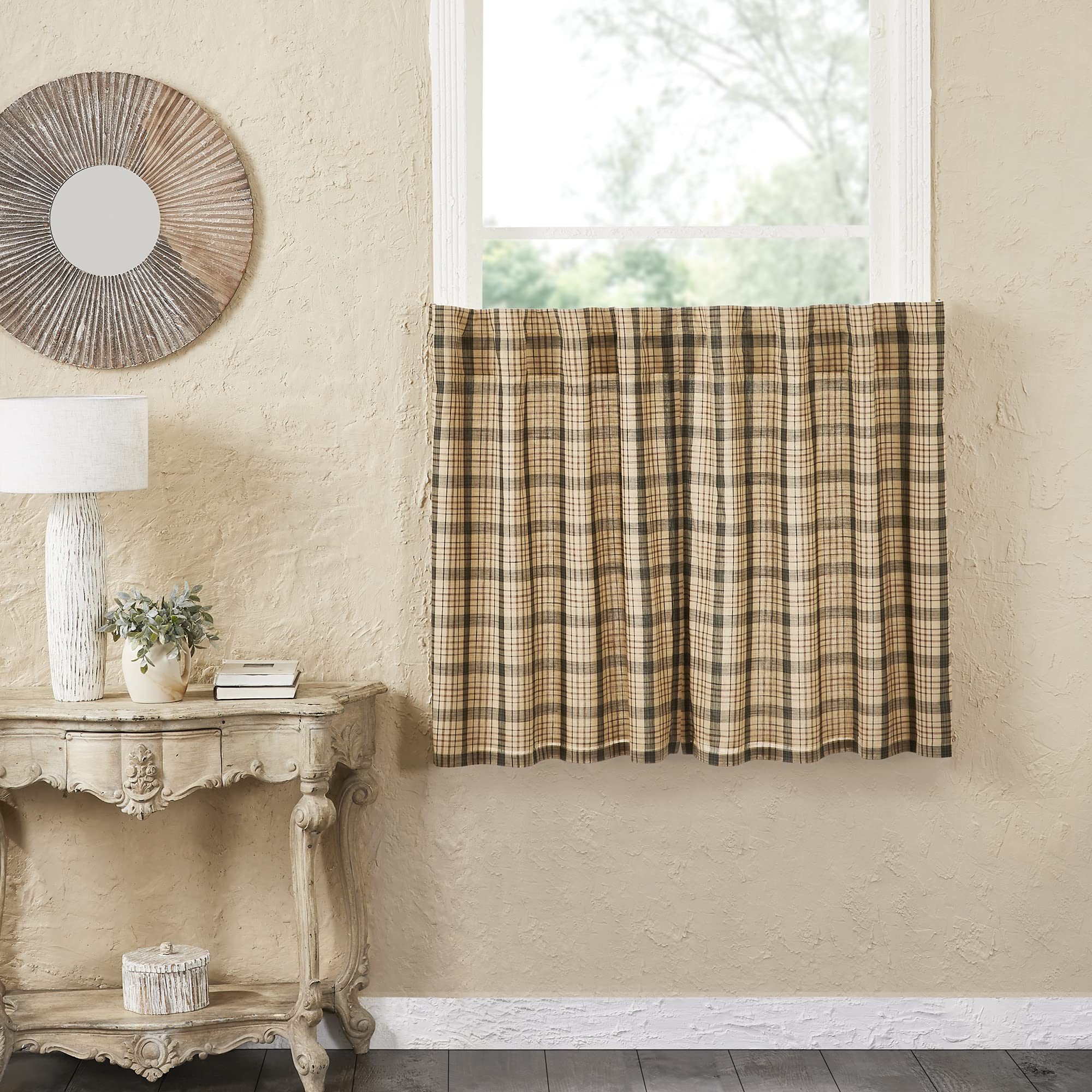vhc brands cider mill plaid curtain tiers, tan & charcoal, 36x36, set of 2,