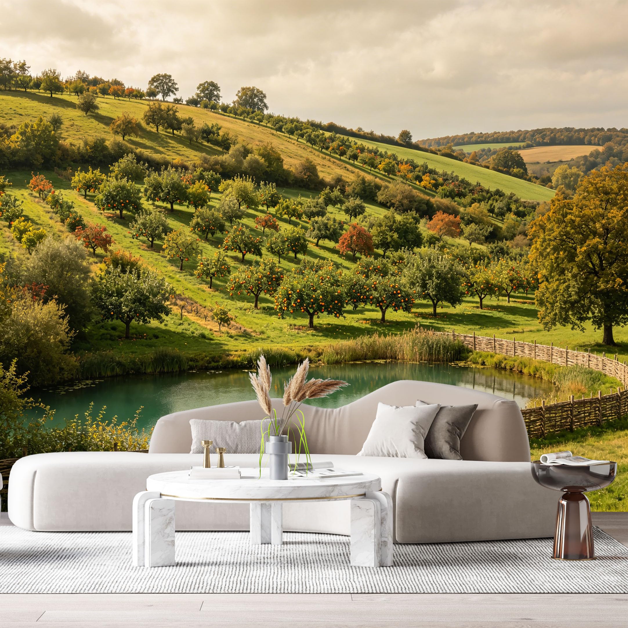 Custom Size Wall Murals Orchard Hill Landscape Farmhouse Style Wooden Fence Pond SelfAdhesive Wall Fabric Removable Large Wallpaper for Photo Living Room