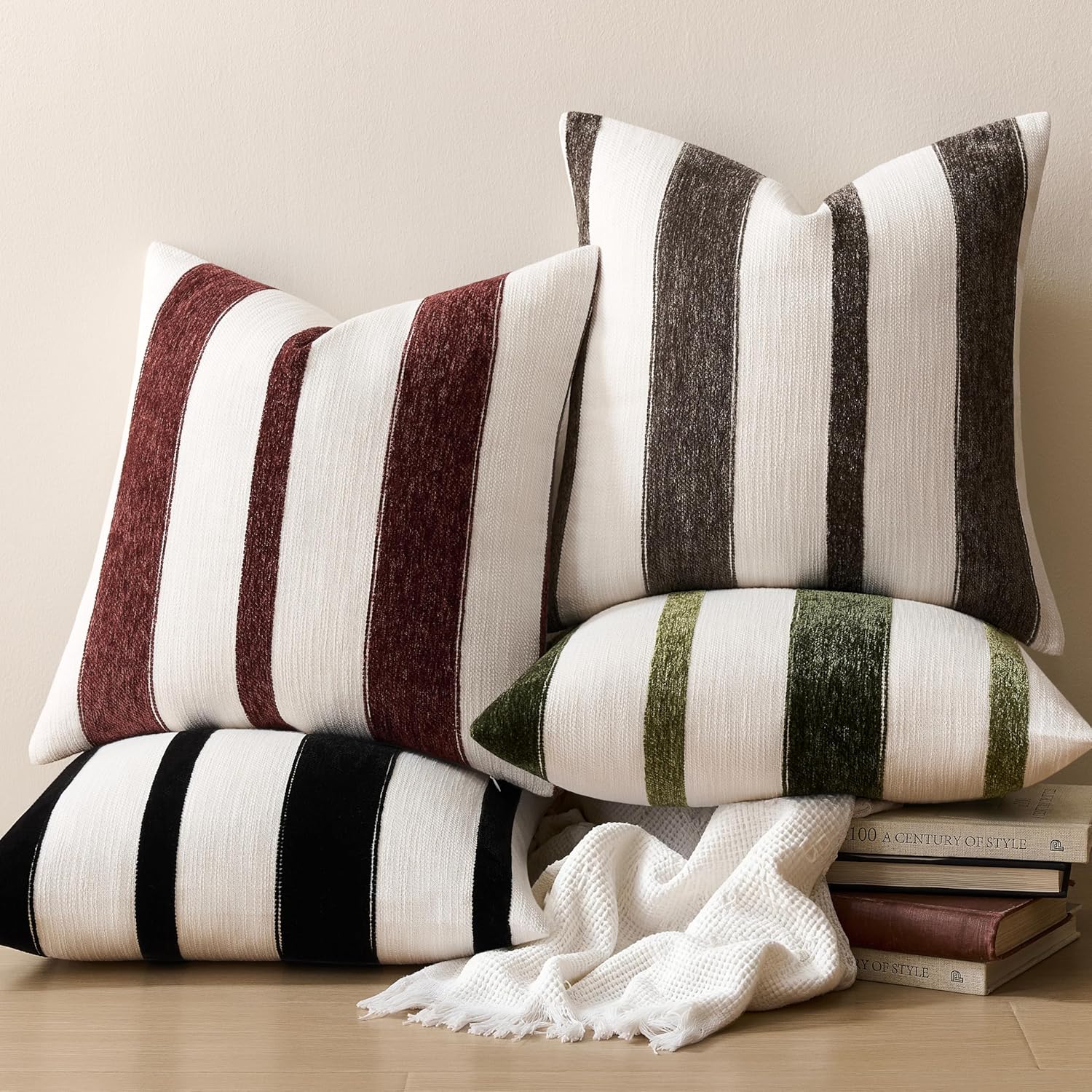 Throw Pillow Covers Set of 2 20x20 Inch Pillow Covers, Soft Stripe Decorative Olive Green Covers for Couch Sofa Bed Living Room, Neutral Farmhouse Covers, Home Boho Decor