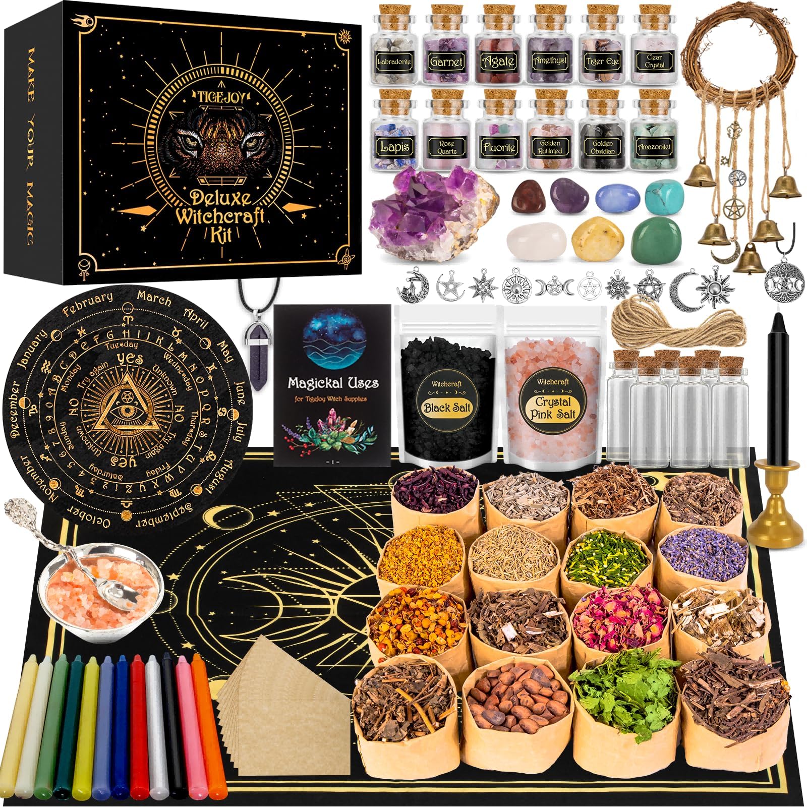 TigeJoy All in One Witchcraft Supplies Witch Stuff Spell Kit 88 PCS | Wiccan Tools, Include Herb Crystal Candle Amethyst Pendulum, Witch Gift Wiccan Starter Kit Altar Supplies Pagan Decor