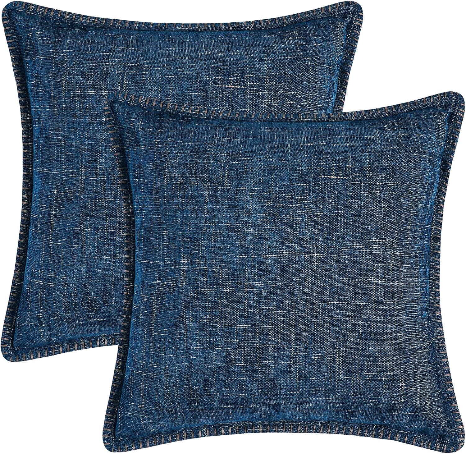 Navy Blue Throw Pillow Covers with Gold Texture Set of 2, Chenille Farmhouse Decorative Pillow Covers, Trimmed Edge, 20x20 Inch