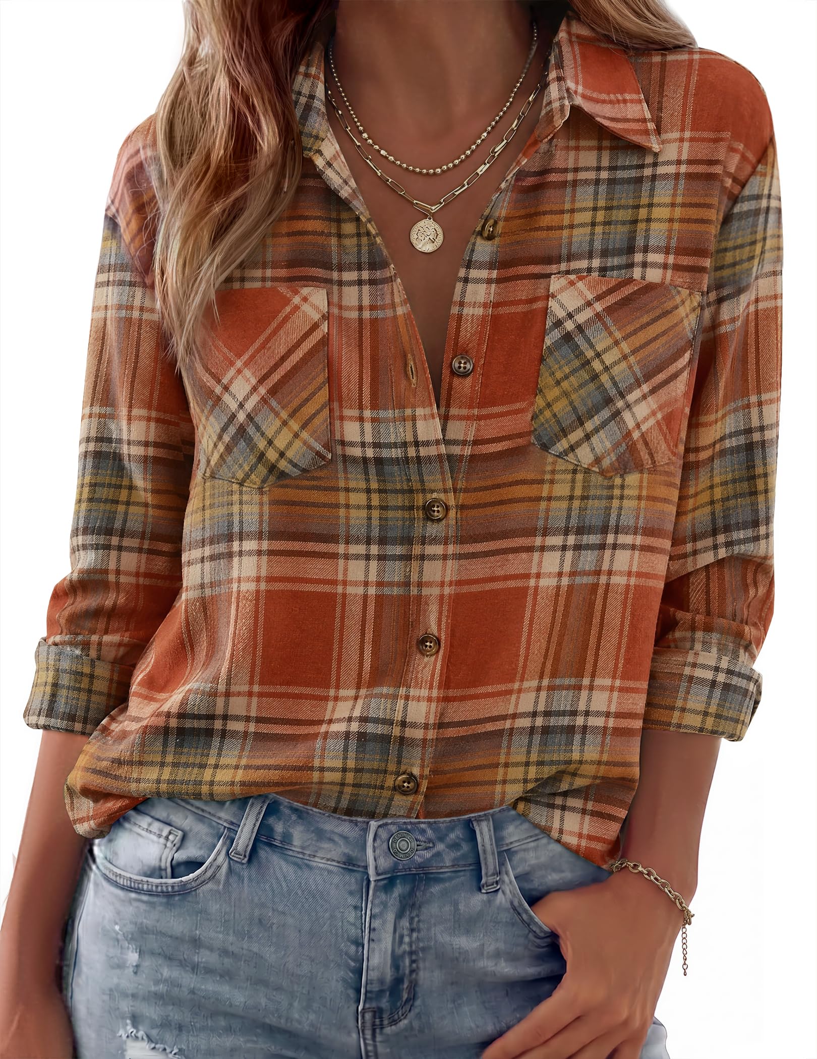 Zeagoo Womens Flannel Shirts Long Sleeve Button Down Casual Fall Plaid Top Global Recycled Standard Global Recycled Standard Global Recycled Standard