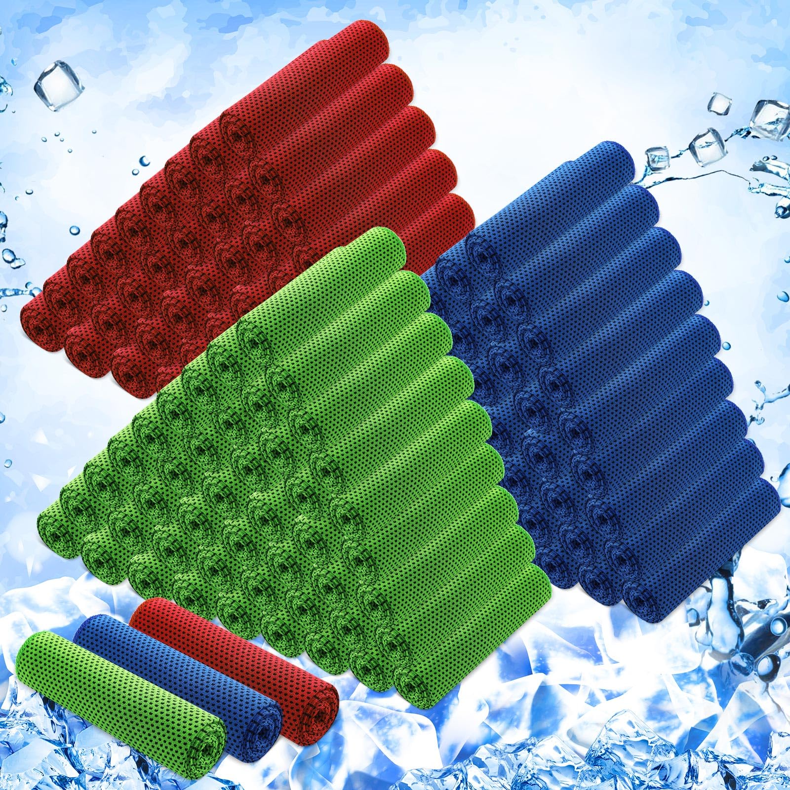 Confezione da 150 Asciugamani rinfrescanti,Grandi,Traspiranti,per Sport,con Stampa a Sublimazione,Ideali per Il Collo,per allenamenti in Palestra e per Le giornate Calde (Blu Scuro,Rosso,Verde).