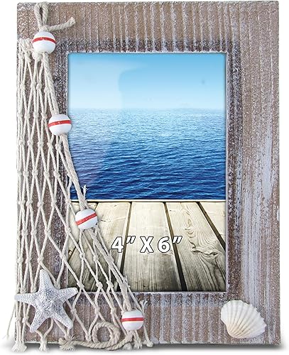 CoTa Global - Marco de fotos de playa marrón de 4 x 6 pulgadas, marco de madera envejecida blanqueada con decoración de playa, marco de fotos hecho