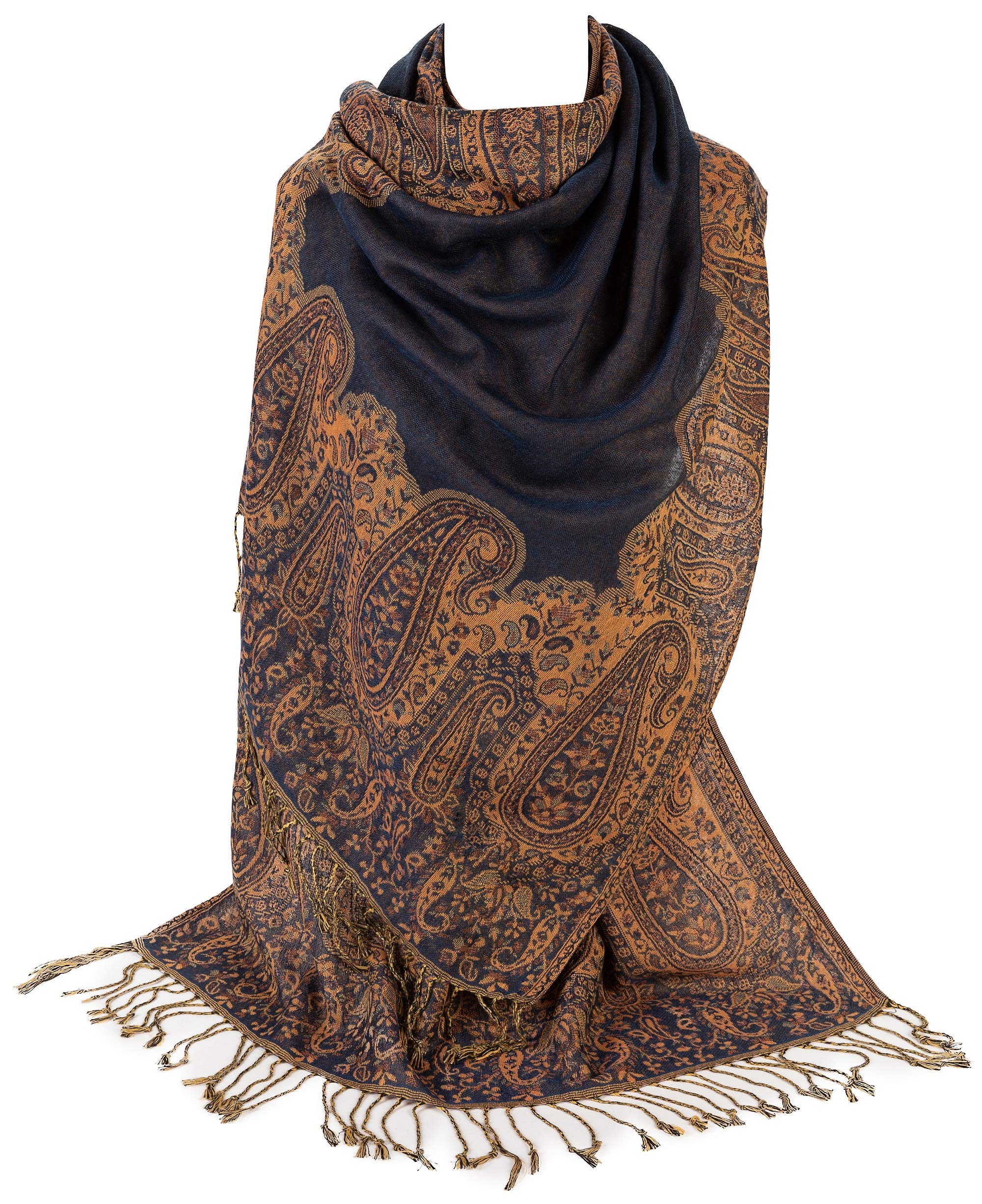 World of Shawls Ladies Paisley Bordered Pashmina Feel Shawl Scarf Wrap Stole Luxuriously Warm Soft Vibrant (Black and Orange)