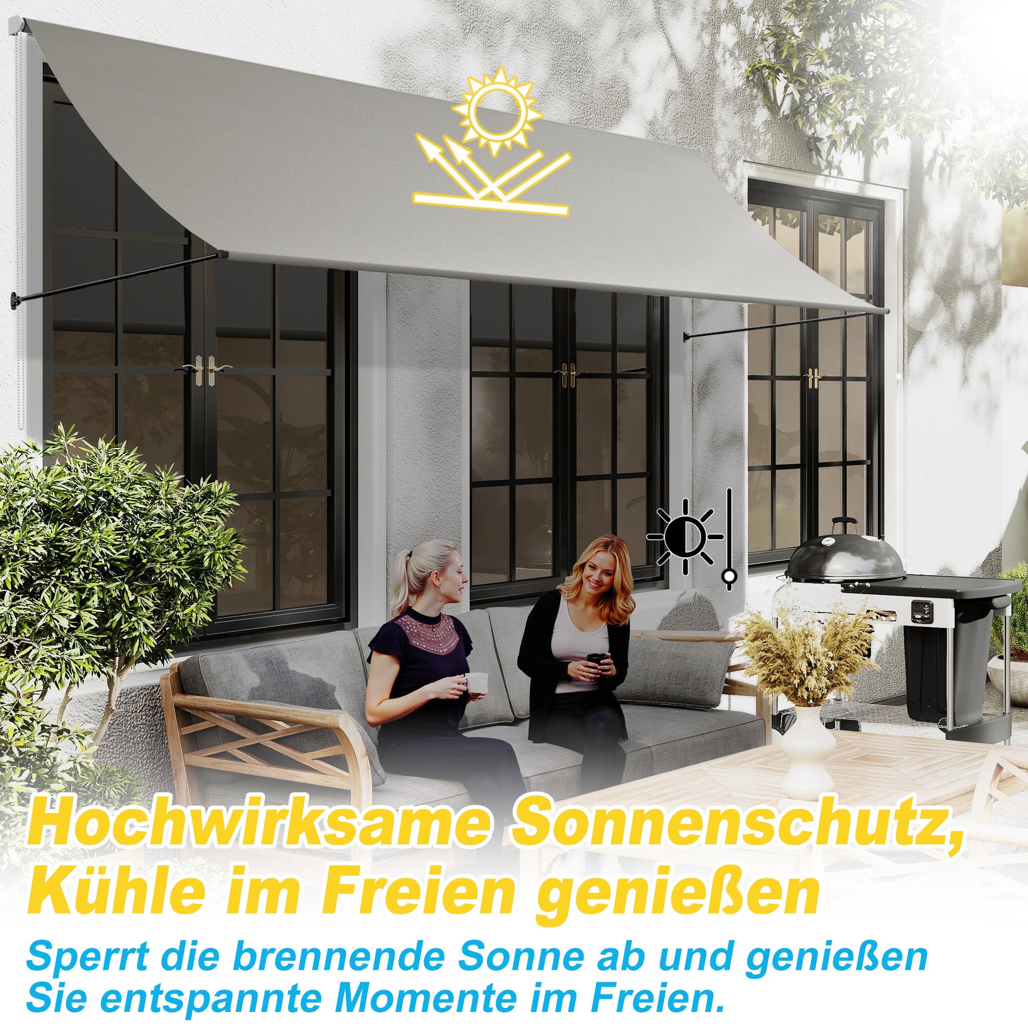 FIVMEN Fallarmmarkise Markise Einziehbar mit Kordel und Aluminium Stützstange Balkonmarkise Sonnenmarkise Sonnenschutz für Fenster Terrasse Balkon 235x145 cm, Grau