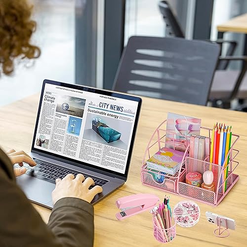 Miniatura 6 de Organizador de escritorio rosa y accesorios de oficina, juego de grapadora, soporte para bolígrafo, soporte para teléfono, tijeras, bolígrafo,