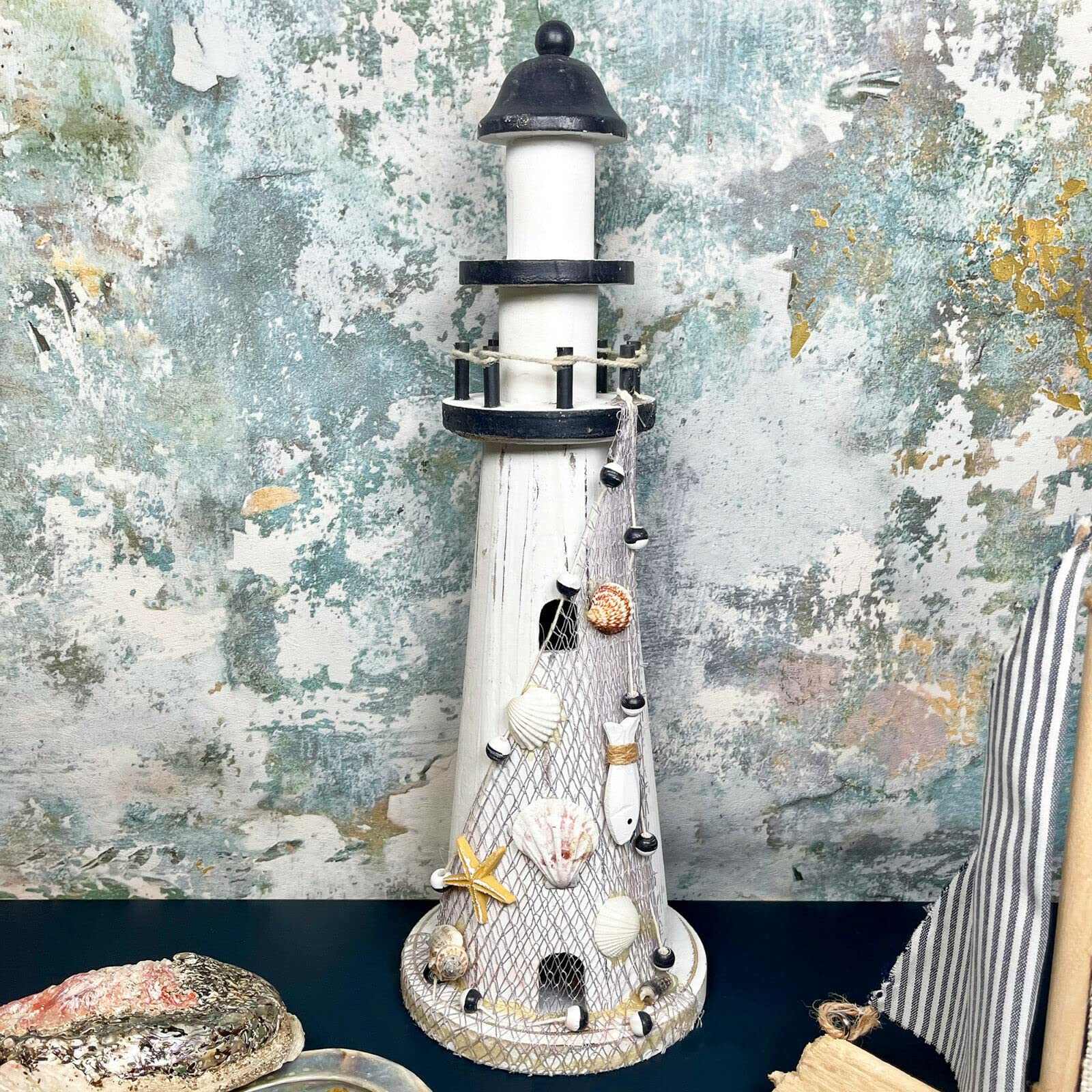 Darthome White, Navy Wooden Coastal Lighthouse Ornament Rustic Nautical Seaside Bathroom Decoration 26Cm