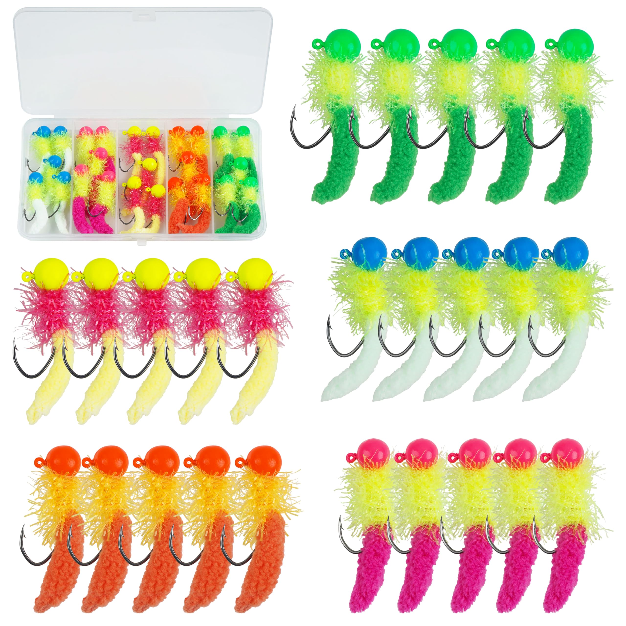 Crappie Jigs Fishing Lures Kit, Marabou Jig Heads with Hand-Tied Maggot  Tail Fishing Hair Jigs for Panfish Sunfish Walleye 25pcs 1/8oz