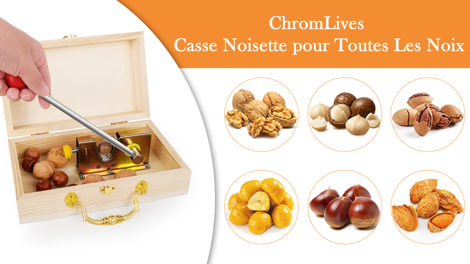 Casse-Noisette ChromLives Réglable Avec Levier – Pour Noisettes, Noix Du Brésil, Amandes, Pécan – Coffret Bois Cadeau + Accessoires