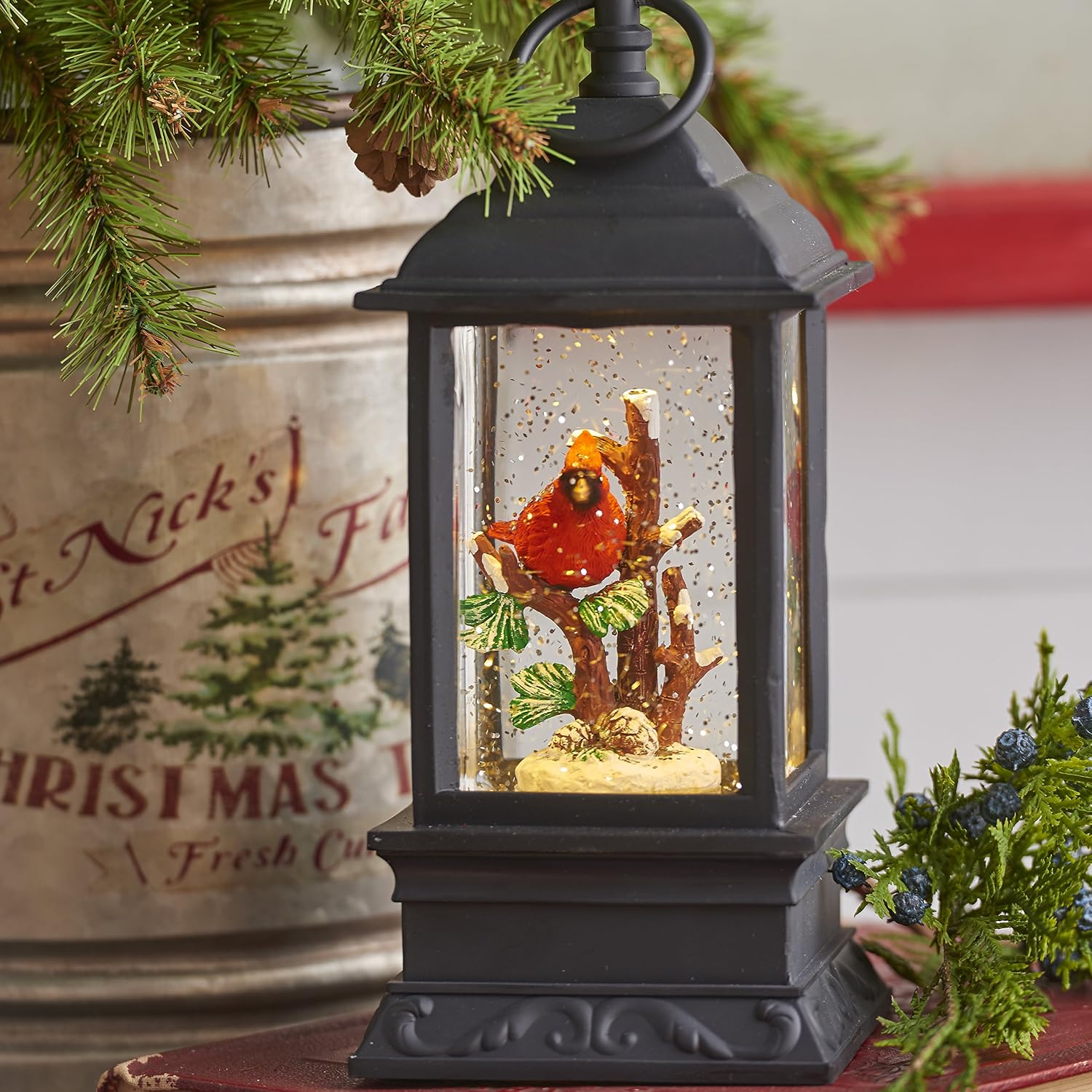 Lighted Snow Globe Lantern: 9.5 Inch, Black Holiday Water Lantern by RAZ Imports (Cardinal)