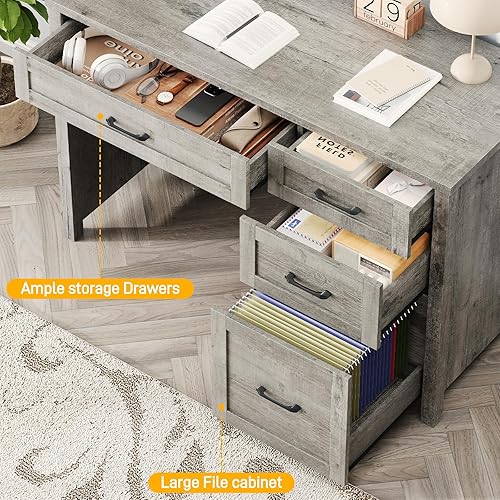 Miniatura 5 de Farmhouse - Escritorio ejecutivo de 47 pulgadas, escritorio para computadora con cajón de archivos y estación de carga, estación de trabajo para