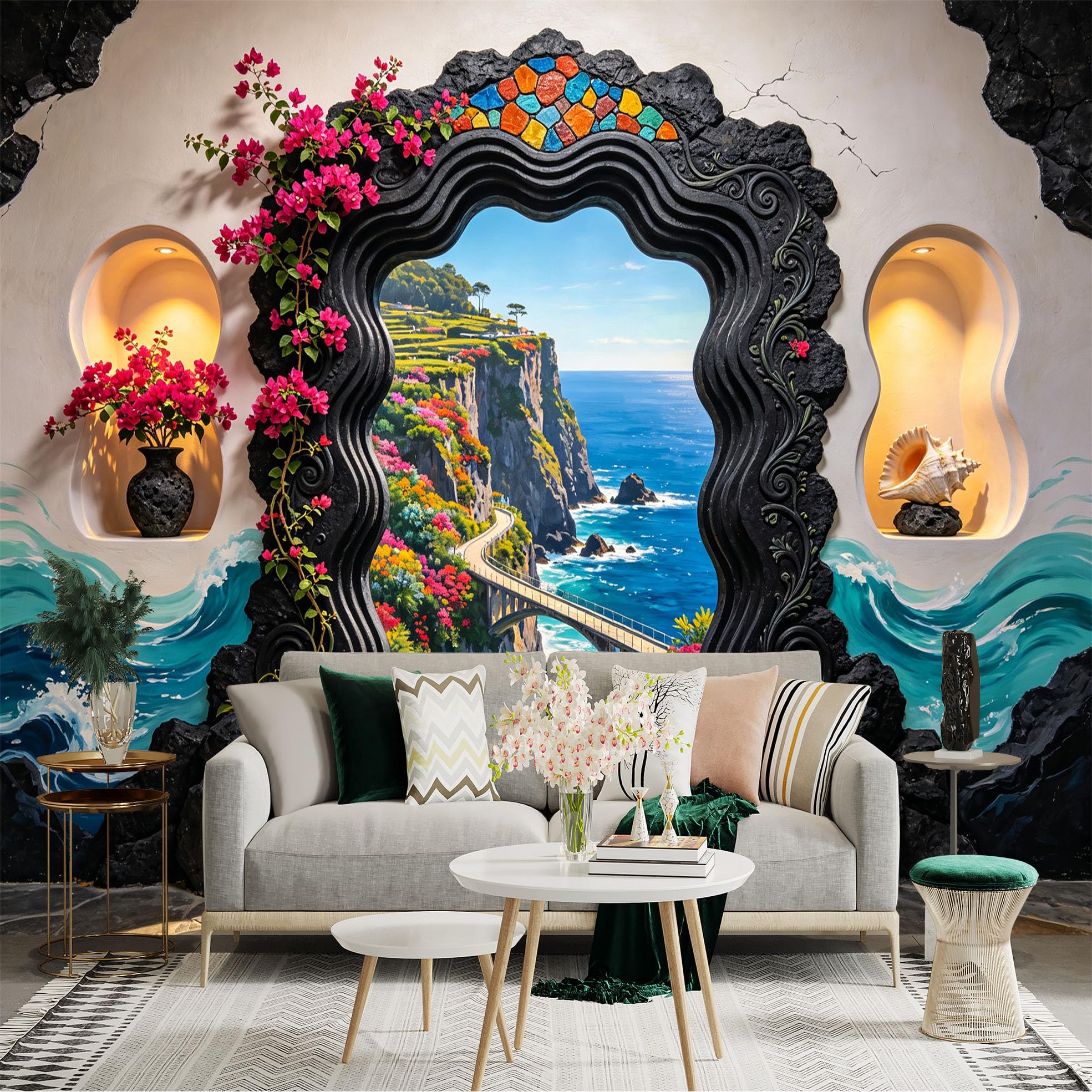 Custom Size Wall Sticker Mural， Coastal Cliff Path， Ocean View， Floral Archway， Tropical Seascape， for wall Decoration， peelandstick wall Decals.