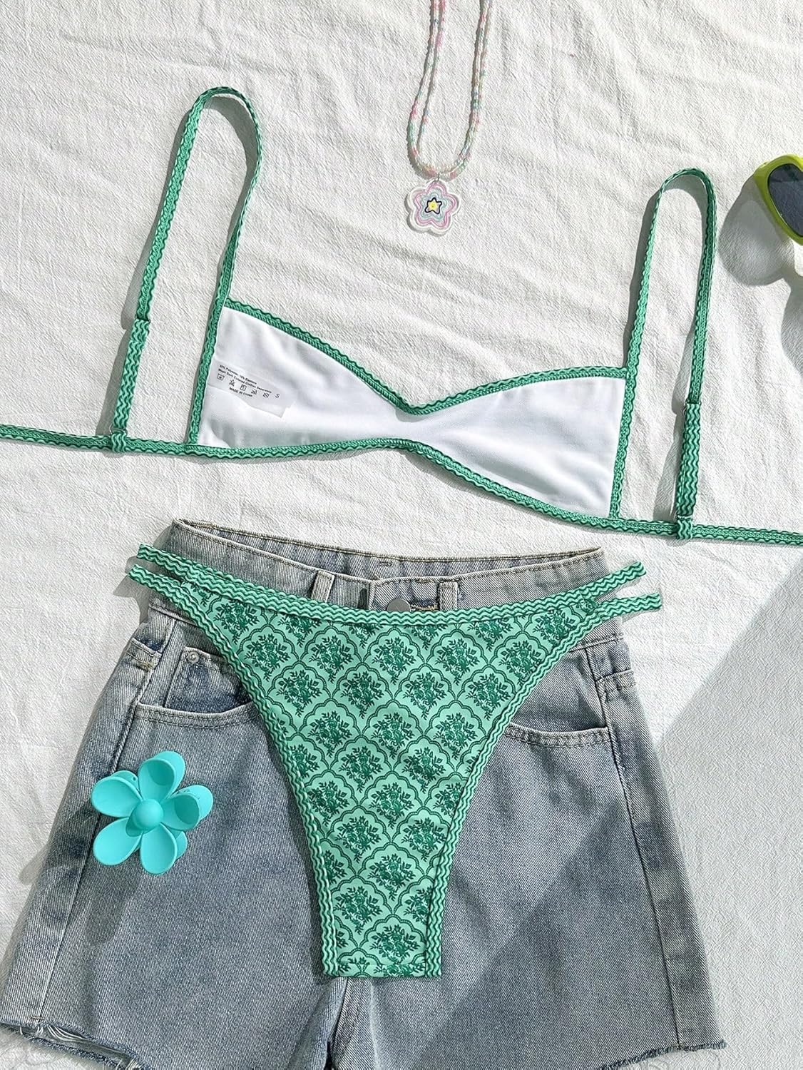 MakeMeChic Women's Boho Micro Thong Bikini Sets Cheetah Gingham High Cut Sexy Cute Bathing Suit Swimsuit