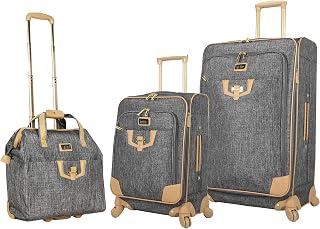 3 Piece Softside Luggage - Expandable Lightweight Suitcase Set Includes 15 Inch Under Seat Bag, 20 Inch Carry On & 28 Inch Checked Suitcase with Spinner Wheels (One Size, Paige Silver)