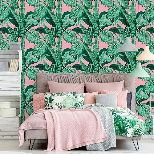 Miniatura 3 de VEELIKE Papel tapiz tropical rosa con hojas de palma, papel tapiz autoadhesivo para pared, papel adhesivo de 17.7 x 354 pulgadas, papel adhesivo
