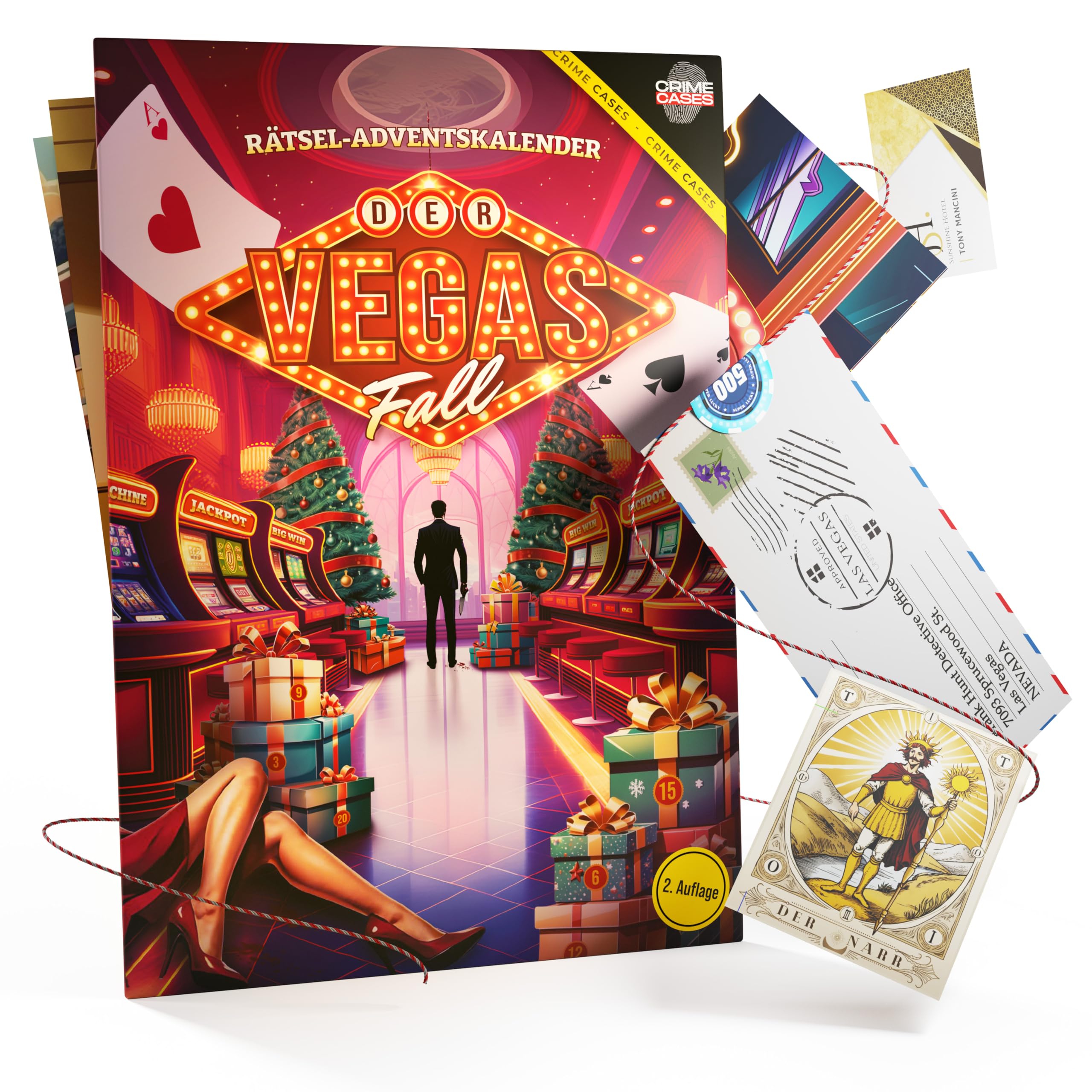 CRIMECASES Calendario dell'Avvento del crimine "La caduta delle Vegas" con enigmi di fuga | Emozionante gioco di puzzle per adulti, 24 emozionanti puzzle con gioco acustico, gioco di fuga come calendario dell'Avvento
