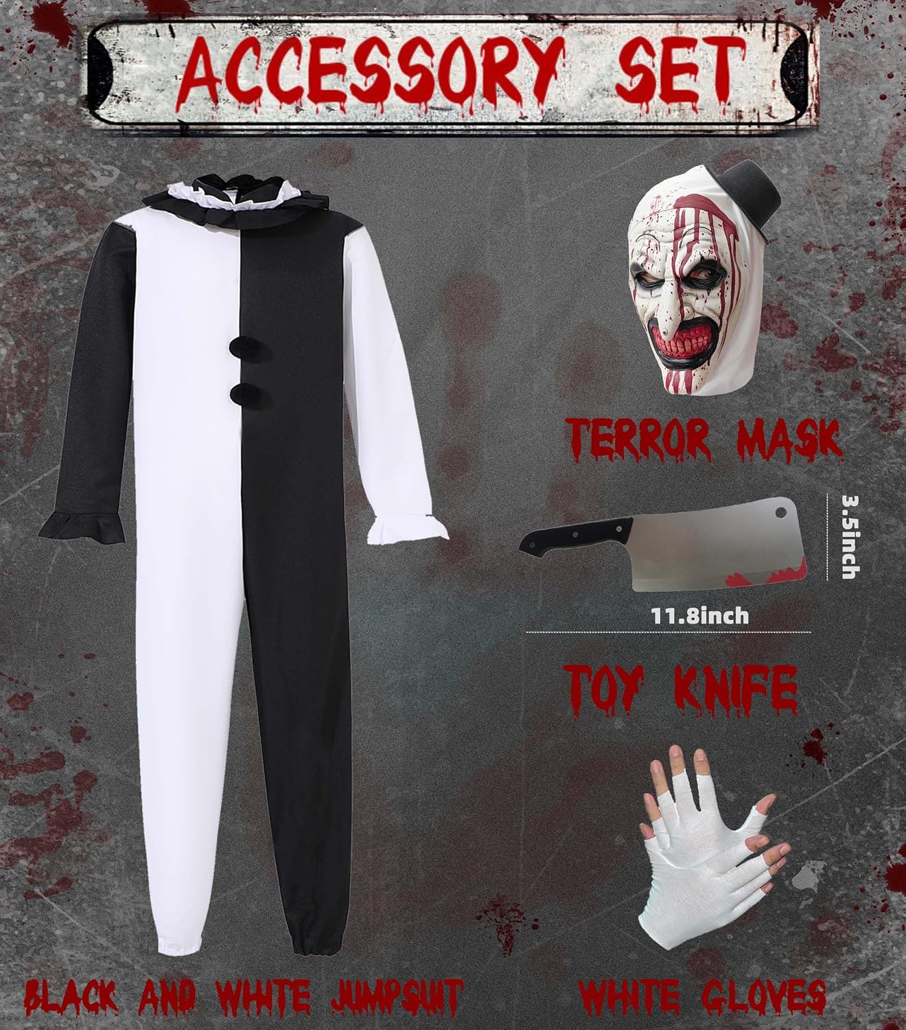 Scary Clown Halloween Costume Set for Adults and Kids, Black White Outfit image 2