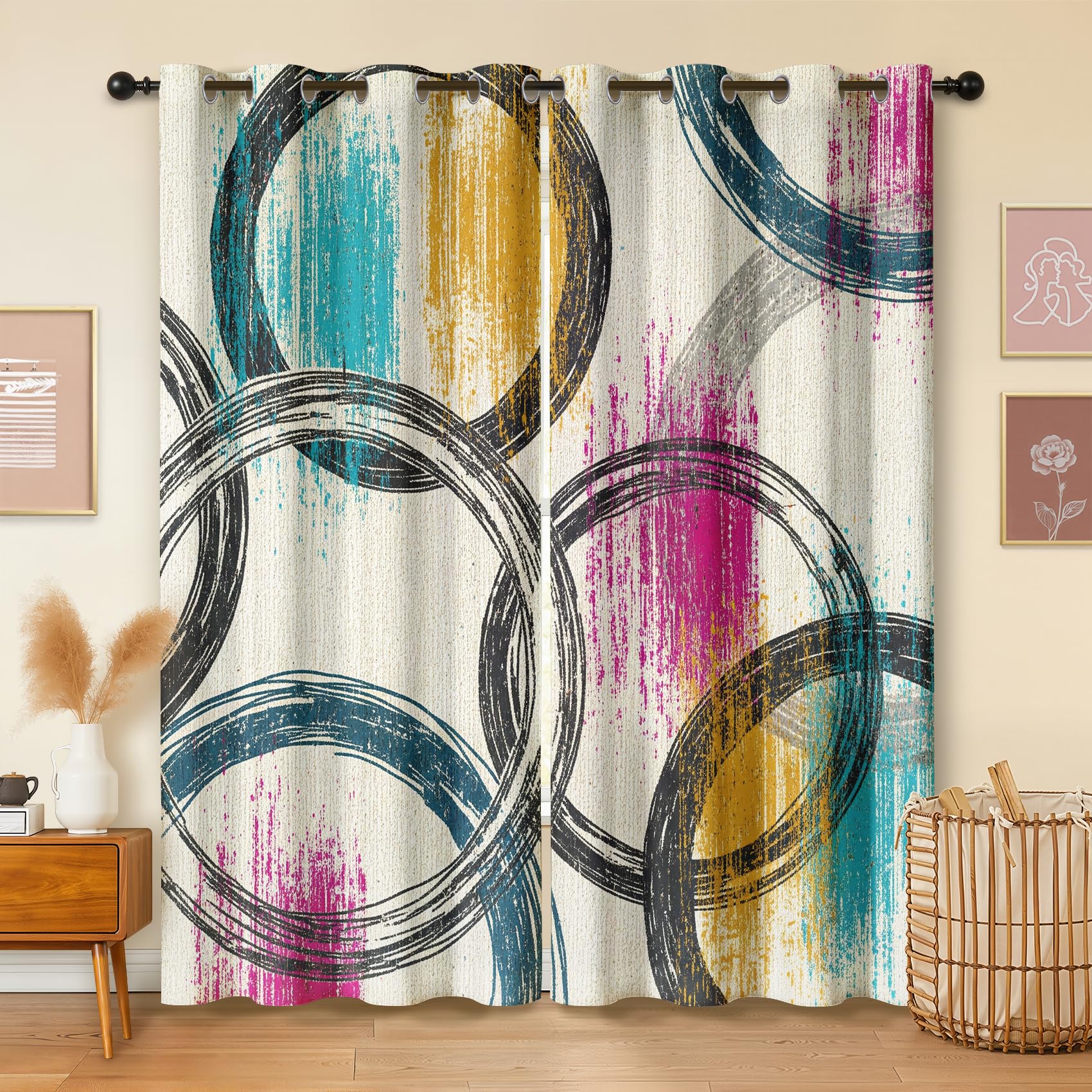 Havenix Beige Abstract Geometric Blackout Curtains for Bedroom Living Room, Eyelet Curtains 46x54, Thermal Insulated Drapes for Windows, Boho Retro Circle Patterned Window Treatments, 2 Panels — image 1