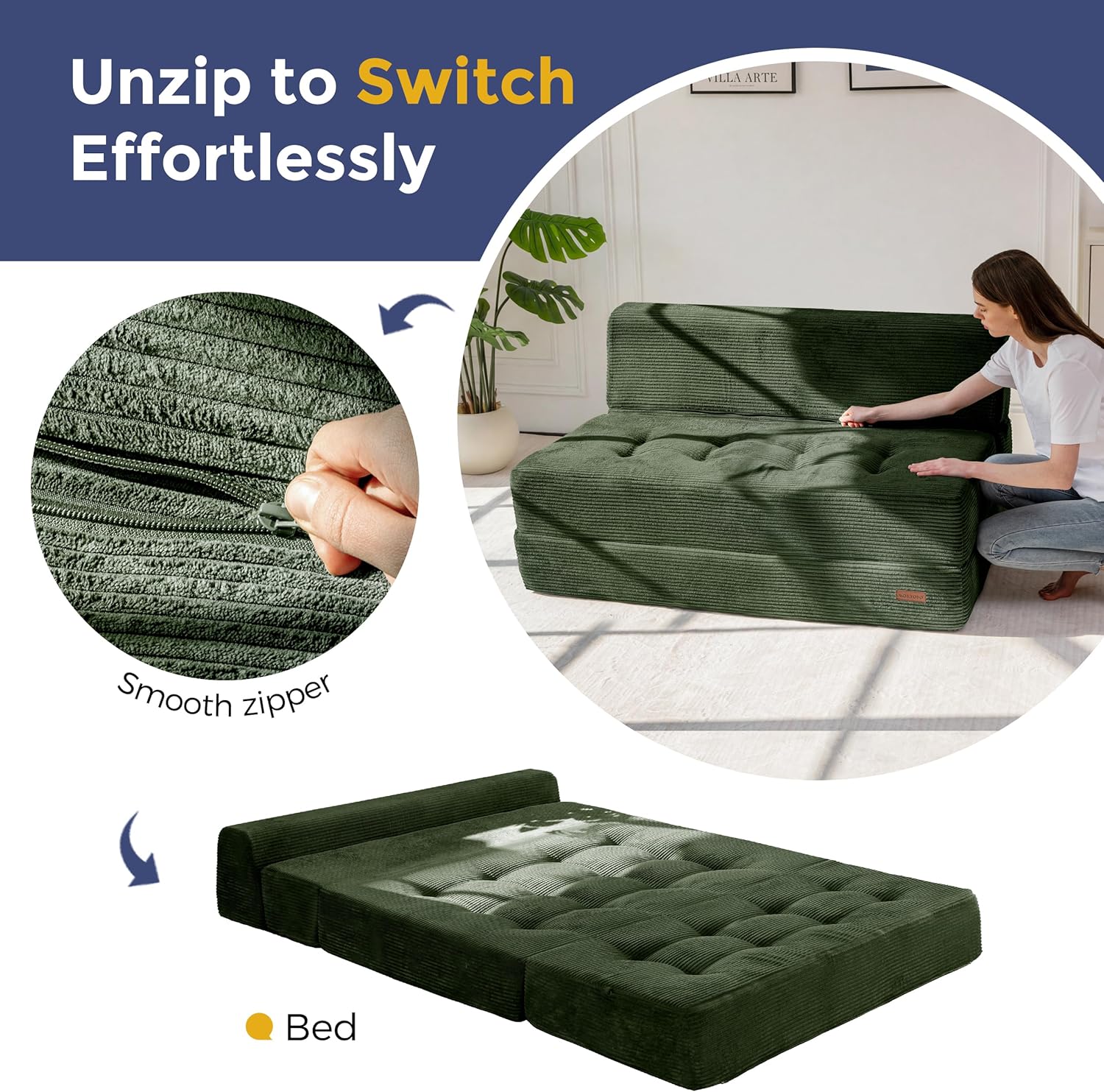 MAXYOYO 8" Folding Sofa Bed, Convertible Sleeper Sofa Lounger Foldable Mattress, Wedge Shape Floor Couch Tufted Fold Out Chair Bed Comfy Floor Couch Lounge for Living Room, Loveseat, Dark Green