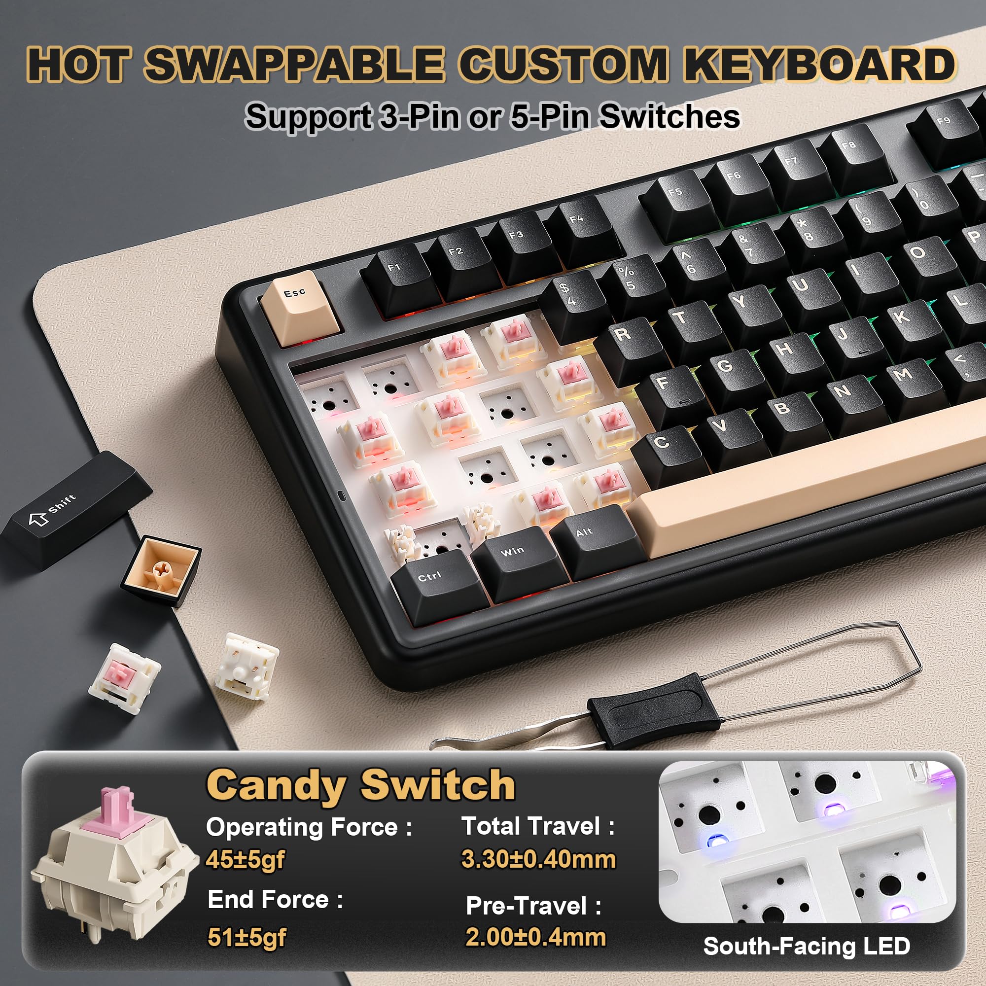 YUNZII B98 PRO Tastiera Meccanica Gaming Senza Fili QMK/VIA, Layout 96% con Tastierino e Manopola Gatto, BT5.0/2.4G/USB-C, Montaggio Gasket, Switch Hot-Swap, RGB per Win/Mac (Nero, Candy Switch)
