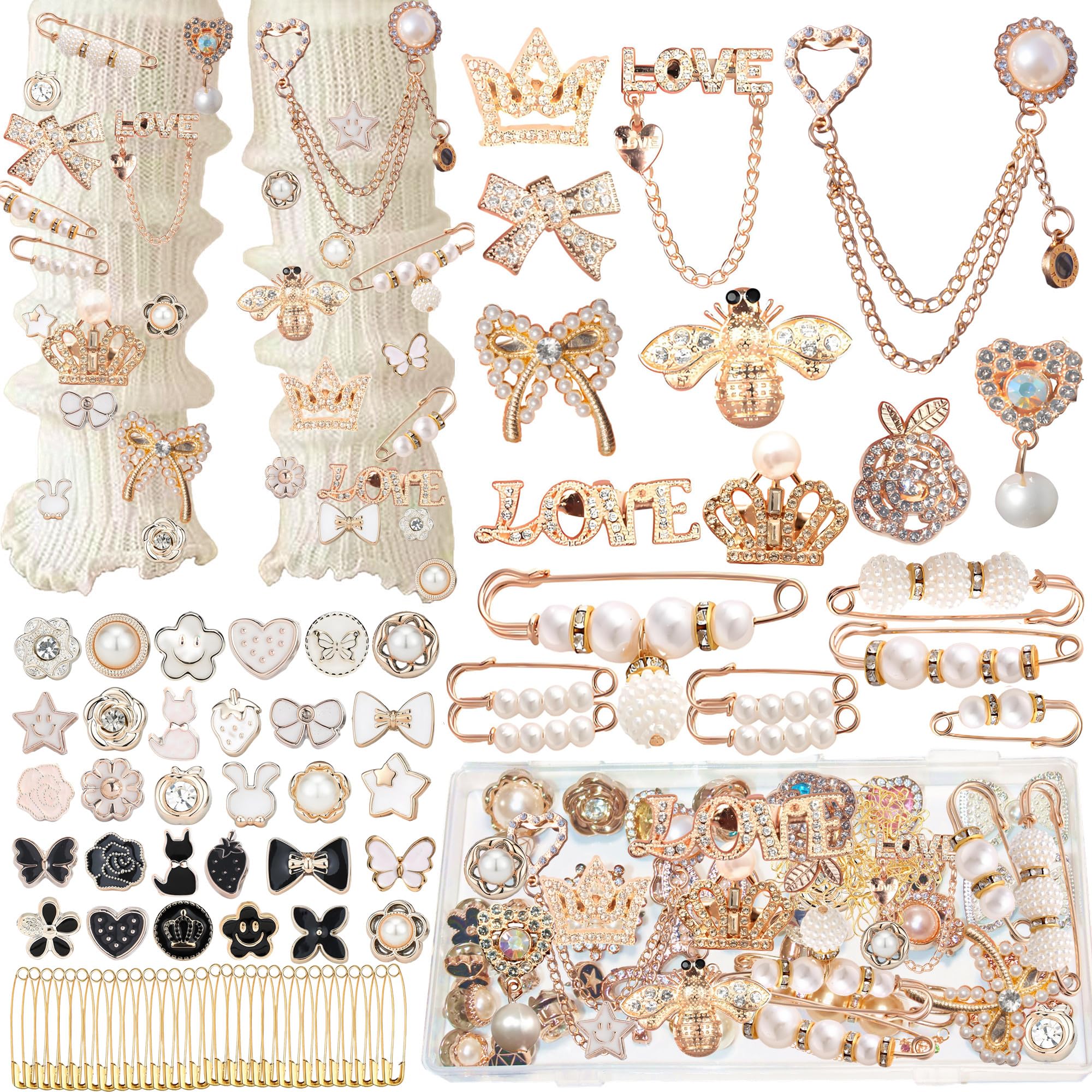 Junk Sock Charms Kit, Brooches and Pins for Women, Bag Charms Safety Pins | 72PCS Gold Shoe Charms for Sneakers,Pins for Bags,Hat Pins,Pearl and Rhinestone Junk Charms with Safety Pins,DIY Accessories