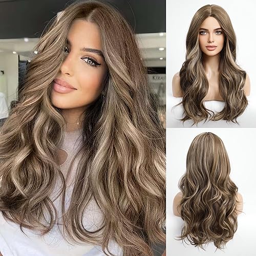 HAIRCUBE Long Brown Mixed Highlights Wigs for Women Synthetic Curly Wavy Hair Wig for Daily