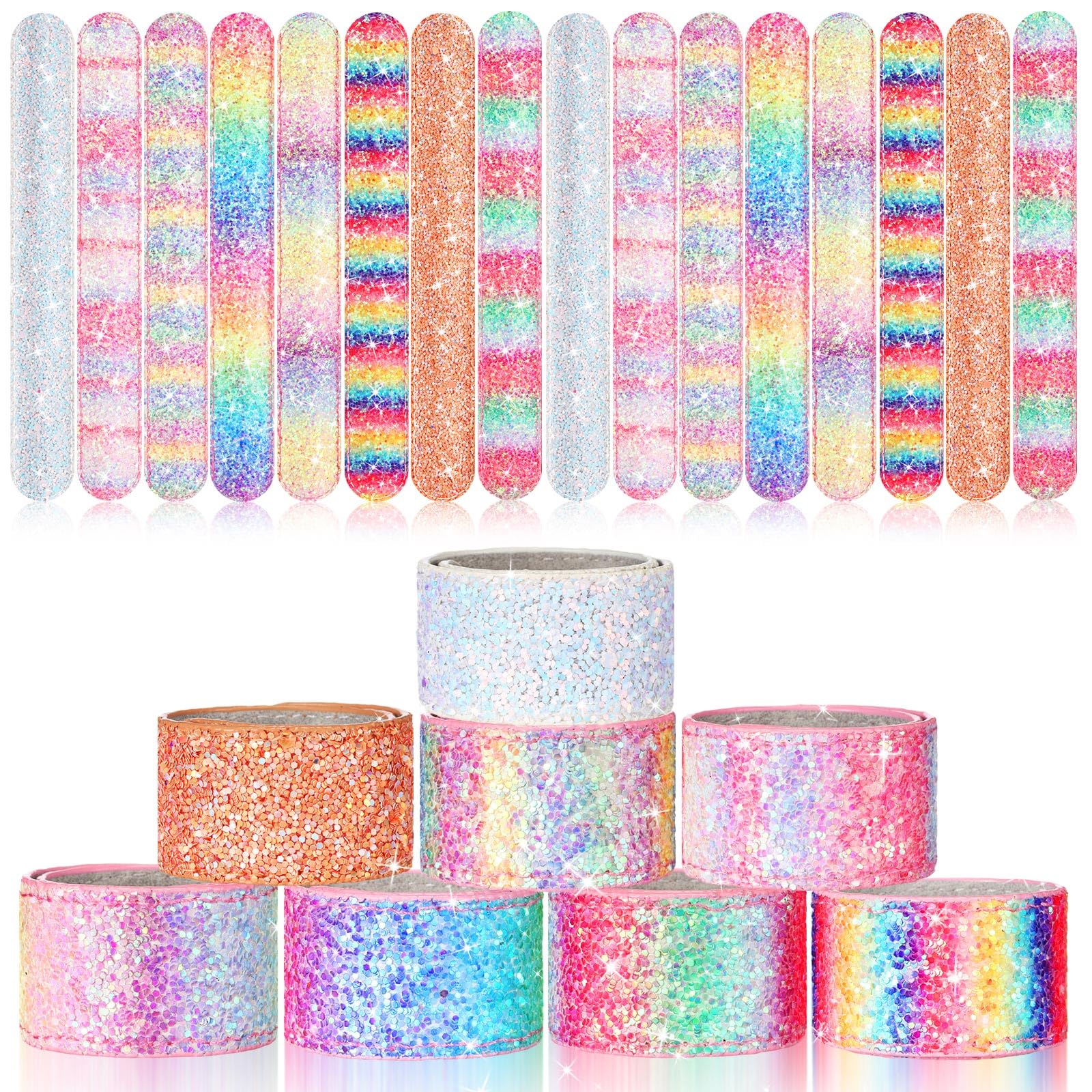 Sotiff 24 Pcs Glitter Slap Bracelets for Girls Sparkly Snap Shine Sequin Bracelet Bulk Wristband Accessories for Teen Youth Birthday Party Favors