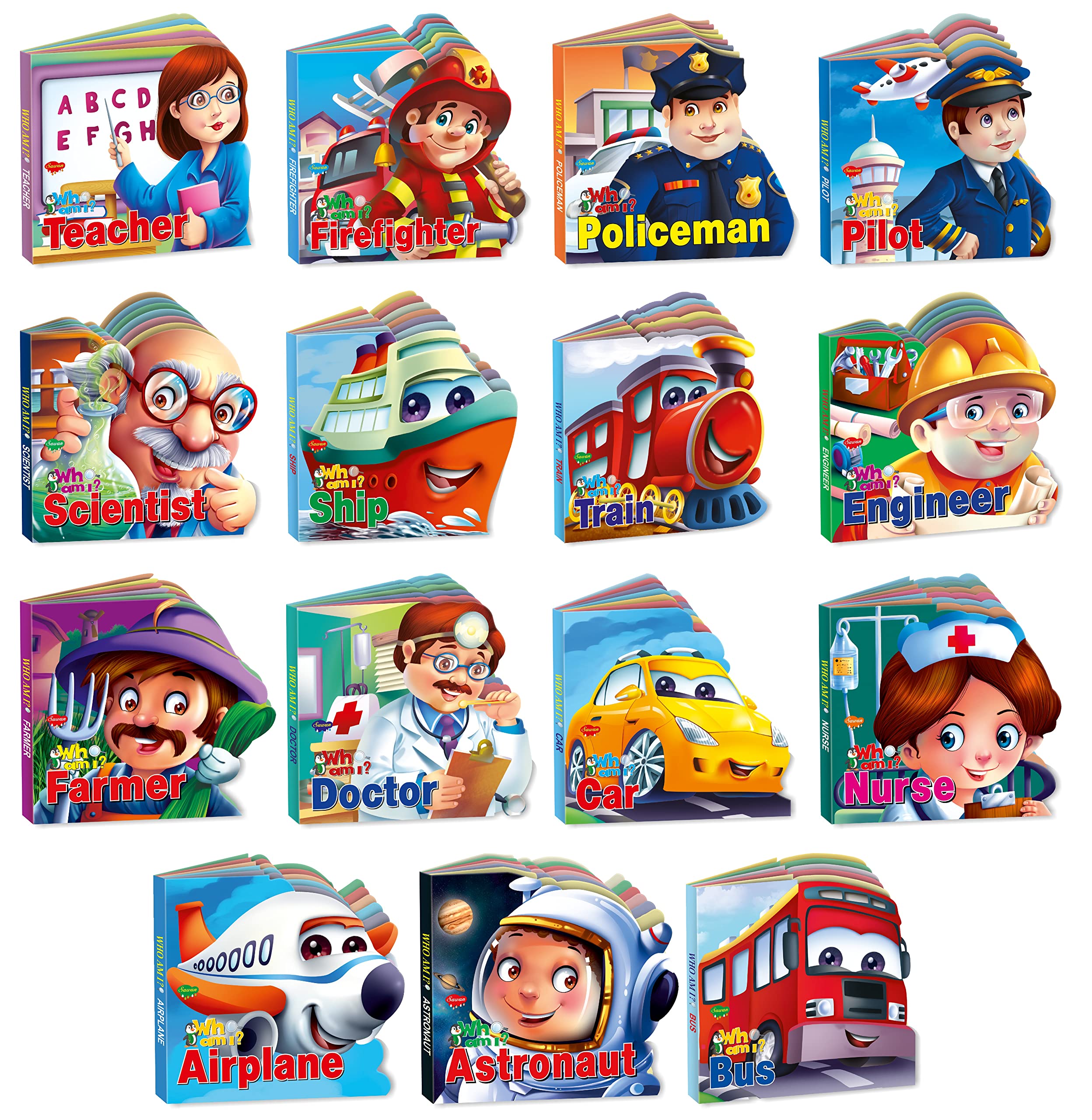 Complete learing Professional and Transport kit of Sawan Cut Out die Cut Shape Book | Gift Pack of 15 who am I Board Books