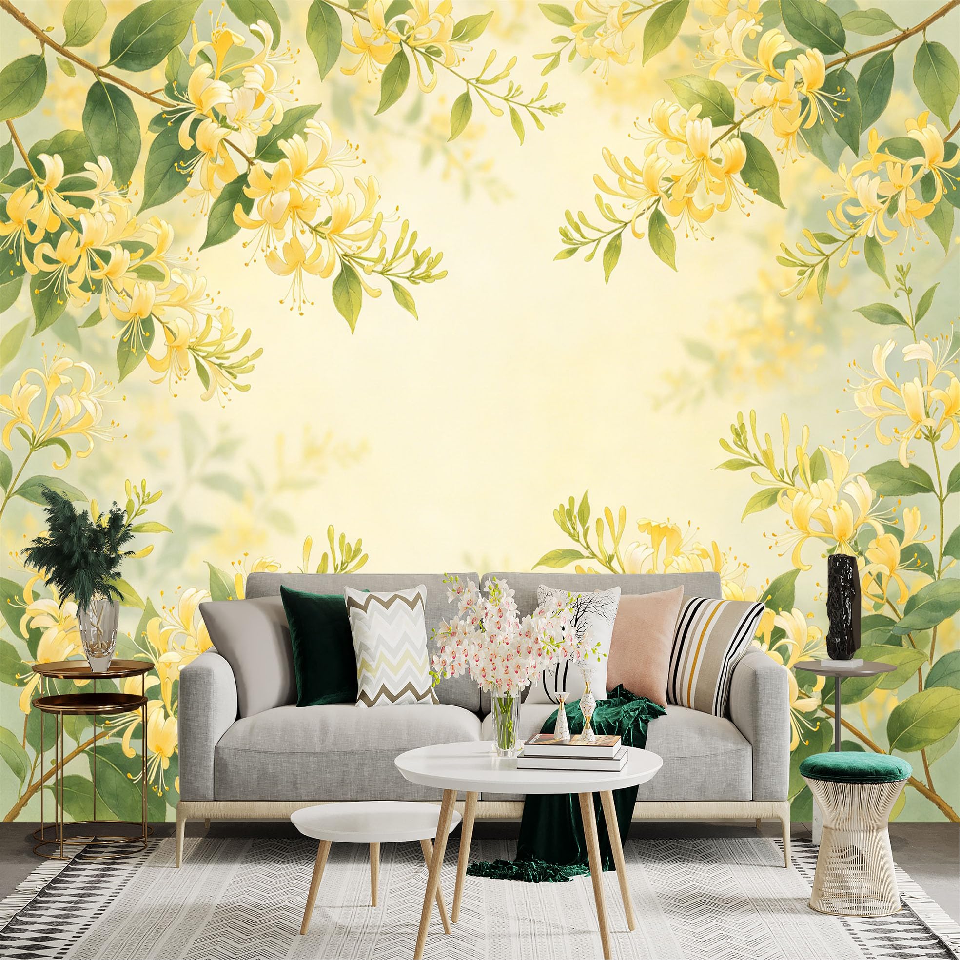 Lnzczhyre Dbh260521198 Custom Size Wall Sticker Mural， Yellow Honeysuckle Flowers， Botanical Floral Arrangement， Soft Watercolor Aesthetic， For Wall Decoration， Peelandstick Wall Decals.