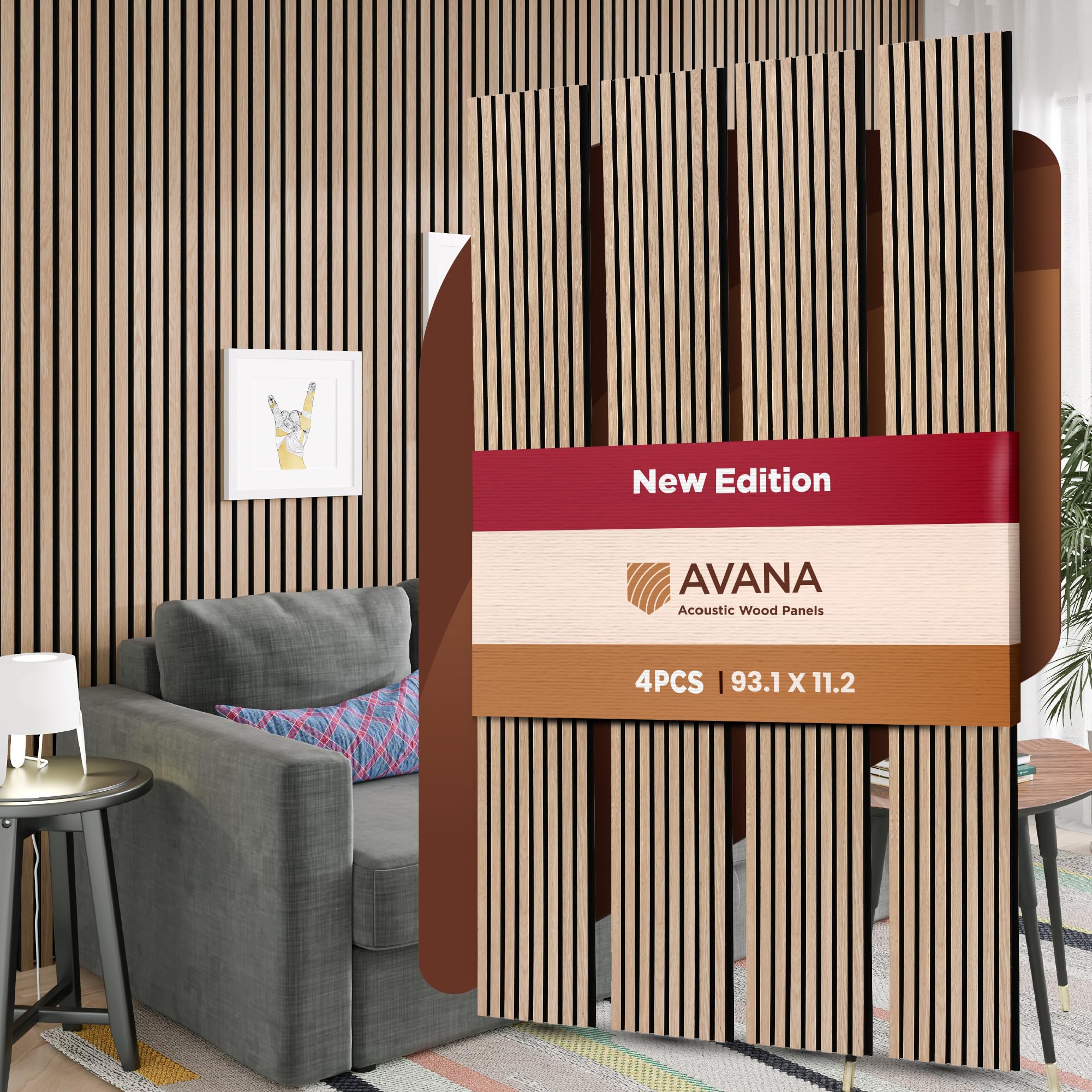 avana acoustic wood wall panels - 93.2x11.25 inch panels - fits 94x12 layout - white oak acoustic panels 4 pcs - wall panels for interior wall decor for homes, offices - durable wood panels for wall