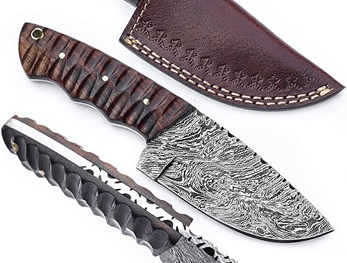Sapra Cuchillo de caza de acero forjado hecho a medida de Damasco de hoja fija EDC de supervivencia táctica para acampar cuchillo de piel con funda
