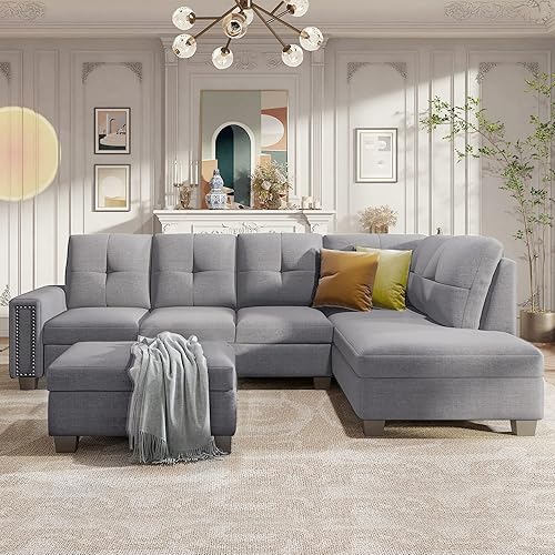 BIADNBZ L-Shape Reversible Sectional Sofa with Storage Ottoman and Rivet Ornament, Linen Fabric, Couches for Living Room, Apartment and Large Space,