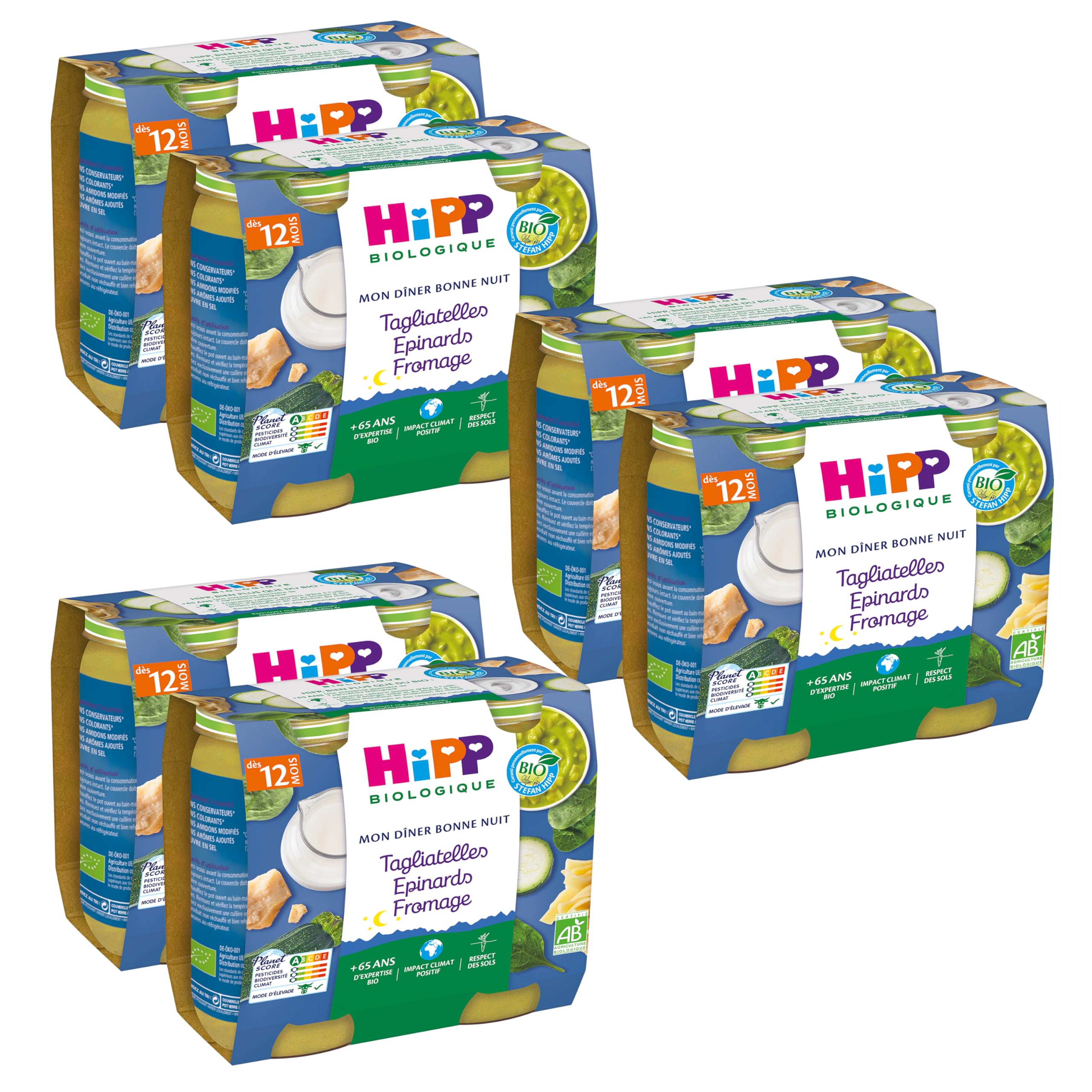 HiPP - Mon Dîner Bonne Nuit - Tagliatelles Epinards Fromage - Pots 2x250g - Lot de 6 - BIOLOGIQUE