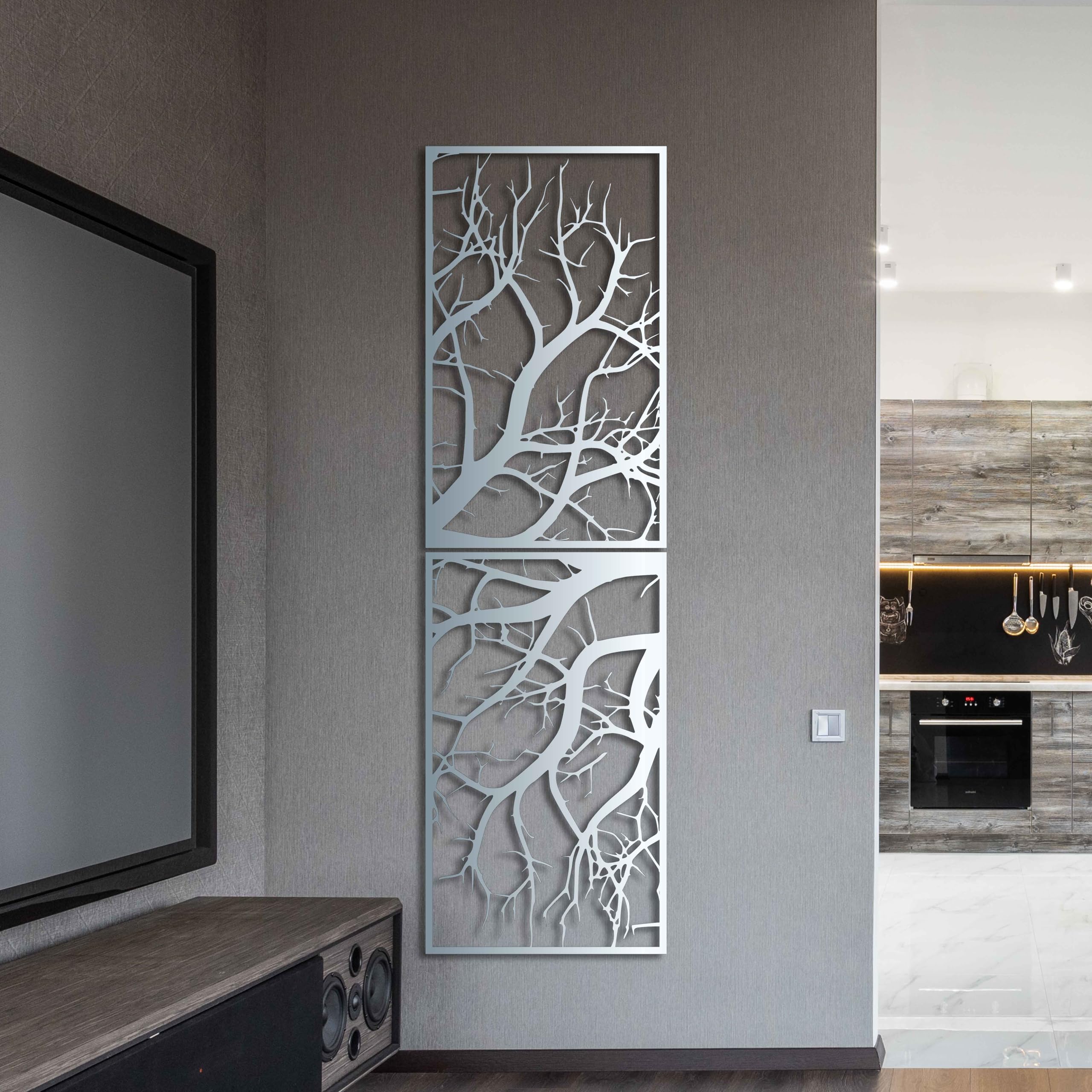 KAWA METALWORKS Arte de pared de metal, decoración vertical de pared de metal para sala de estar, árbol grande para interiores y exteriores, escultura de pared de metal de árbol negro, dorado,