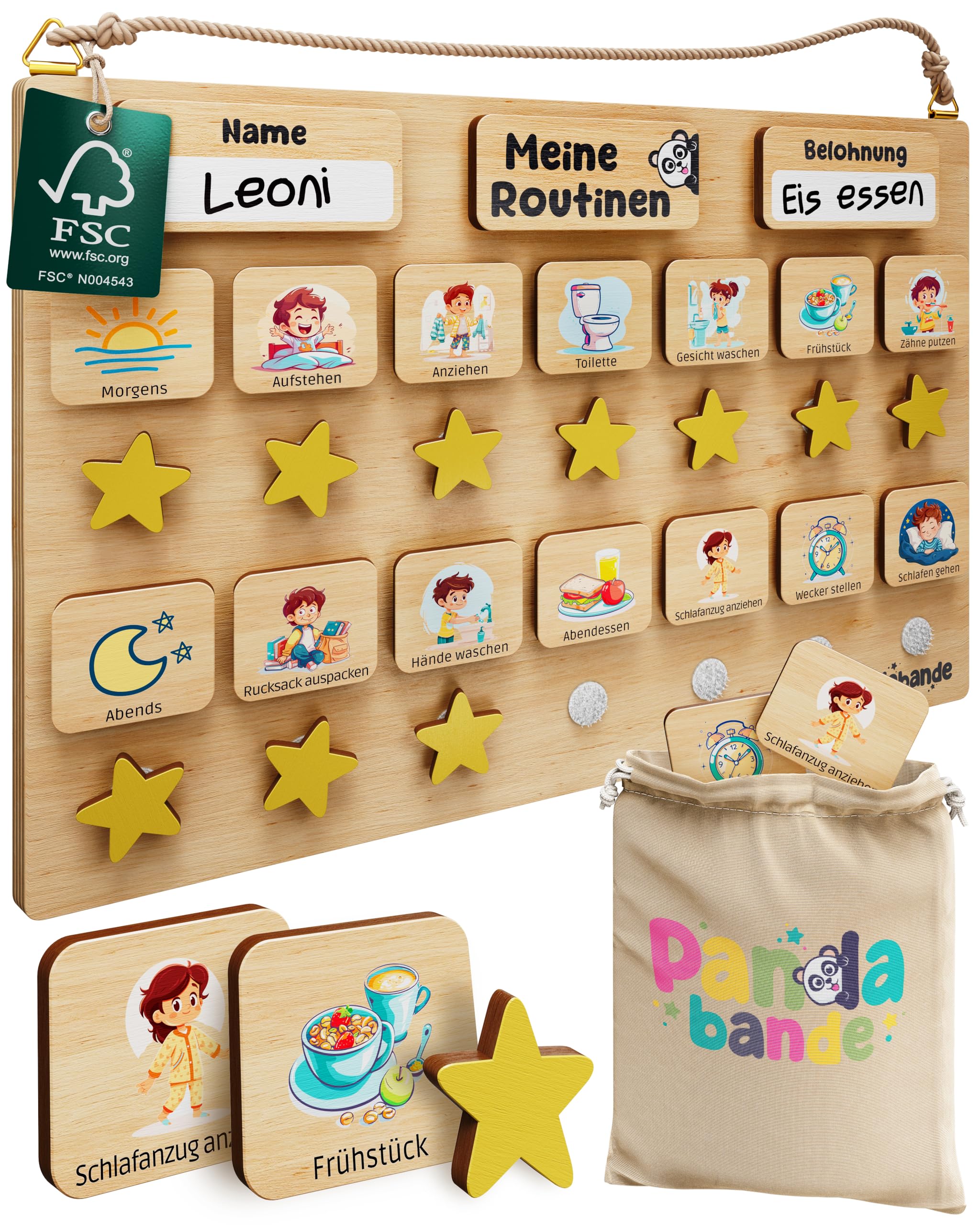 PANDABANDE Premium Routine Planer Kinder Holz - 100% FSC®-zertifiziert | Morgenroutine und Abendroutine mit 84 Karten & Sternen - Tagesplaner Kinder Routine - Routineplaner für Morgens und Abends
