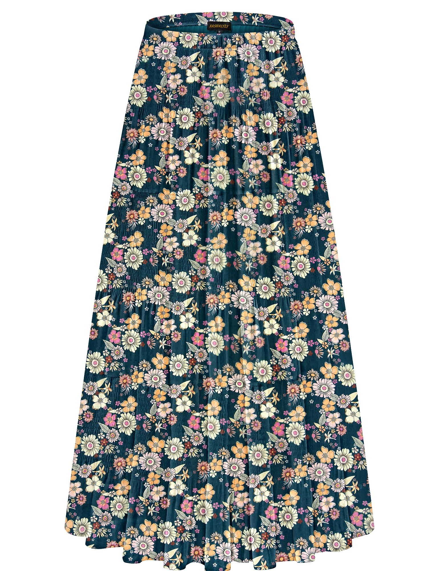 NASHALYLY Women's Chiffon Elastic High Waist Pleated A-Line Maxi Skirts