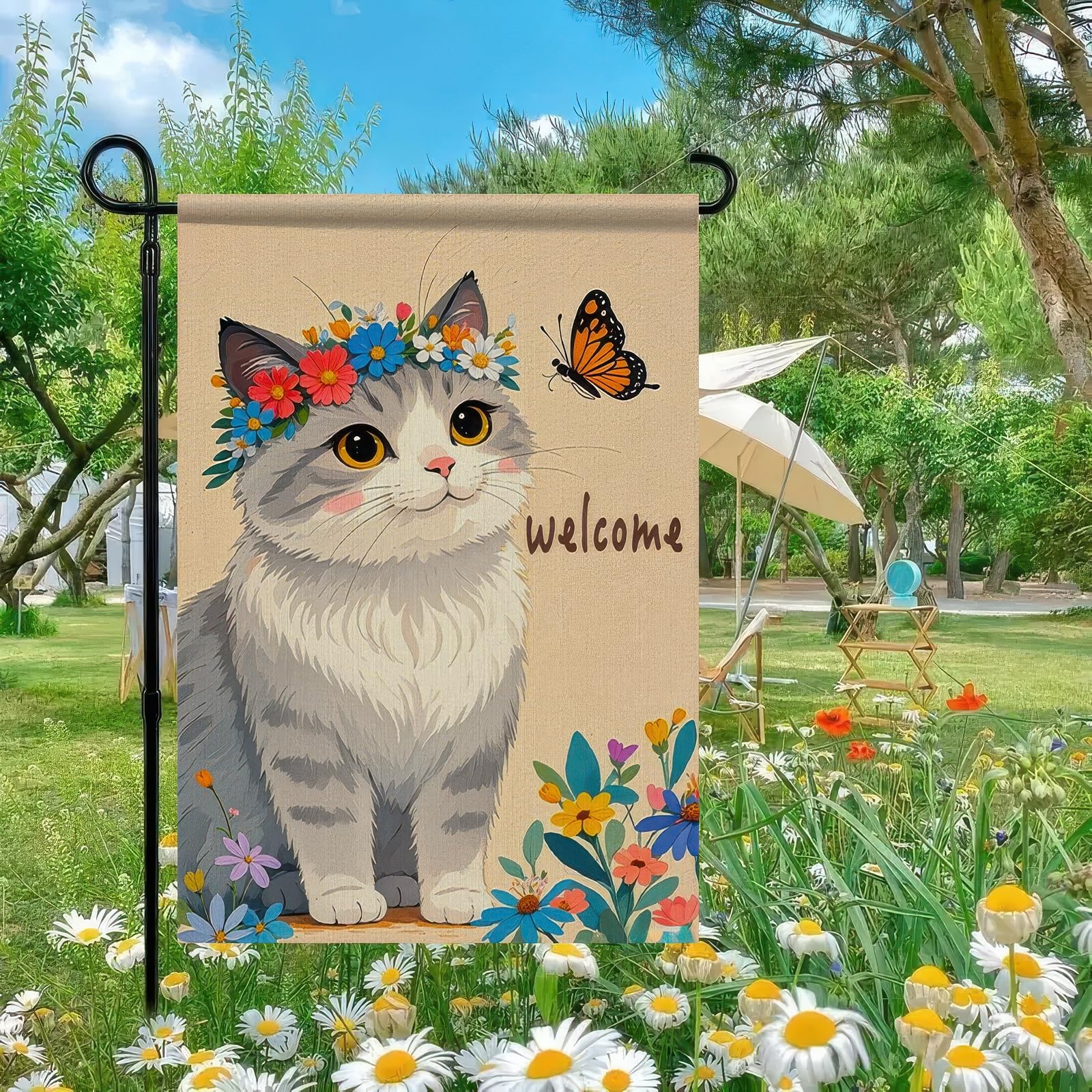 BlissYard Gartenflagge „Willkommen“ – Mit Dackel & Schmetterlingen, Doppelseitig, 30x45 Cm