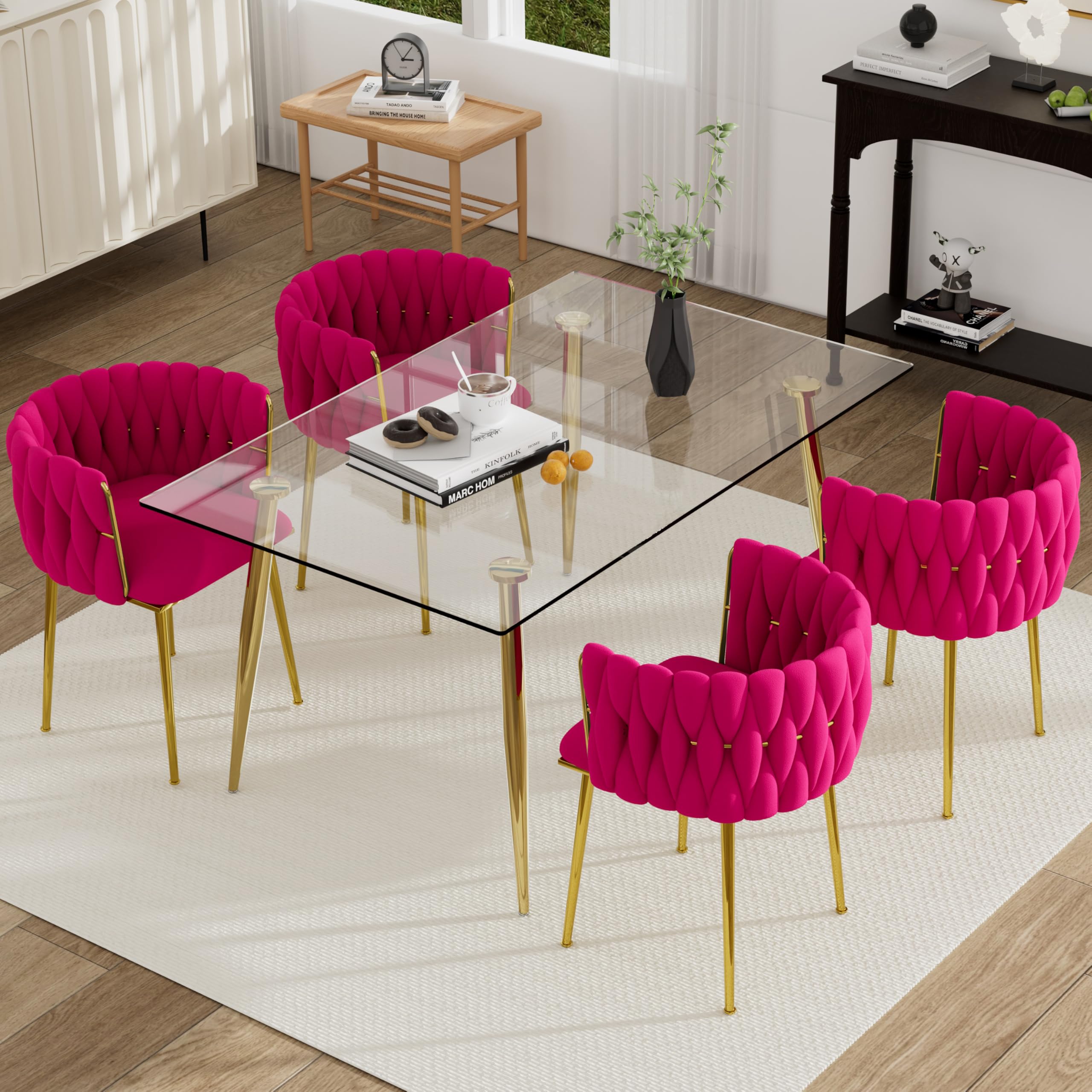 HAIZAO 5 Piece Golden Glass Dining Table Set, 51'' Modern Luxury Rectangle Kitchen Table Set, Small Minimalist Dinner Room Table Set for 4, Rose Red