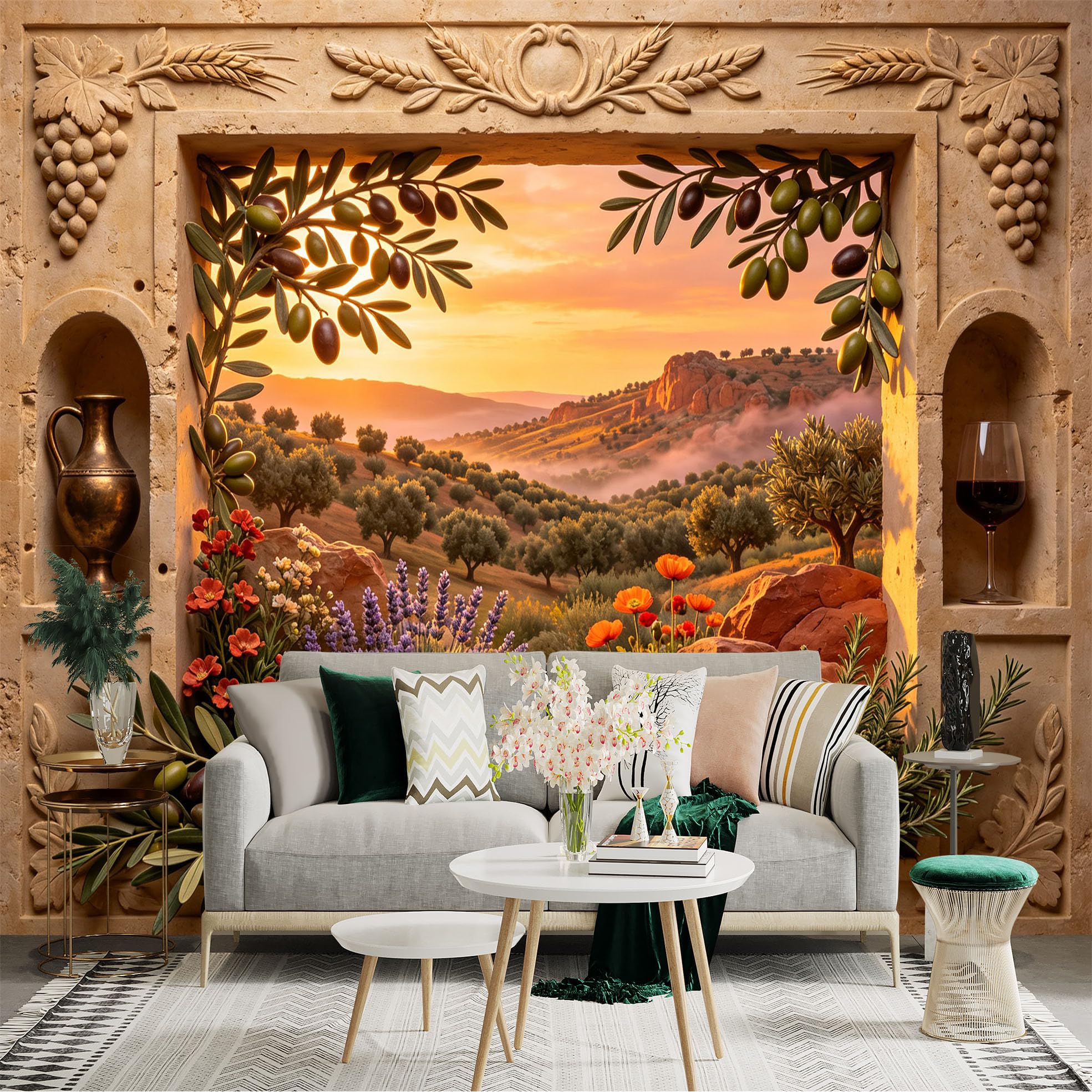 Lnzczhyre Bh260719527 Custom Size Wall Sticker Mural， Mediterranean Sunset Landscape， Olive Branches With Fruits， Pomegranate And Lavender Flowers， For Wall Decoration， Peelandstick Wall Decals.