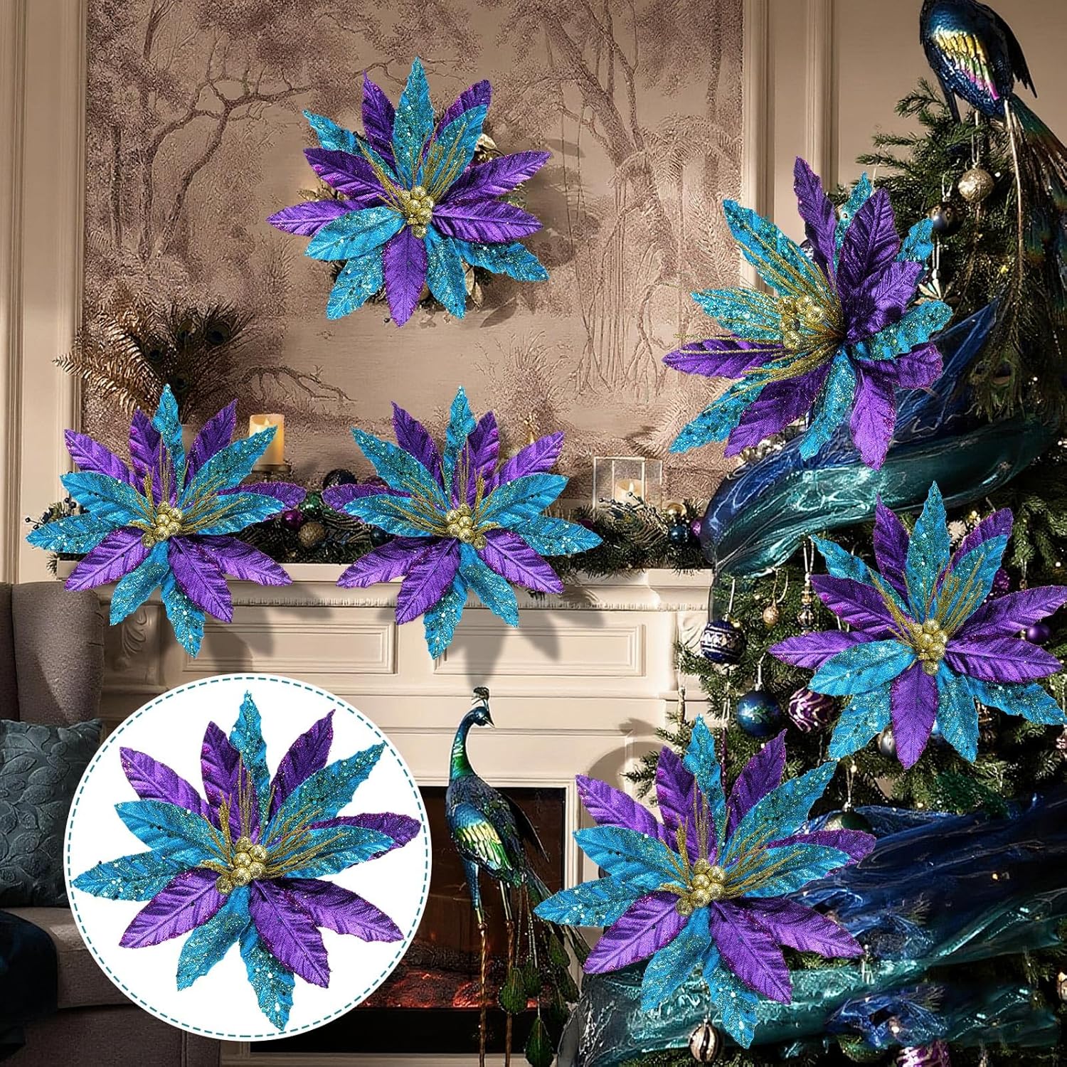 クリスマスツリー用大型ピーコックポインセチア 6個 12 x 8.7インチ パープル ティール ゴールド 造花 ピック キラキラ ク